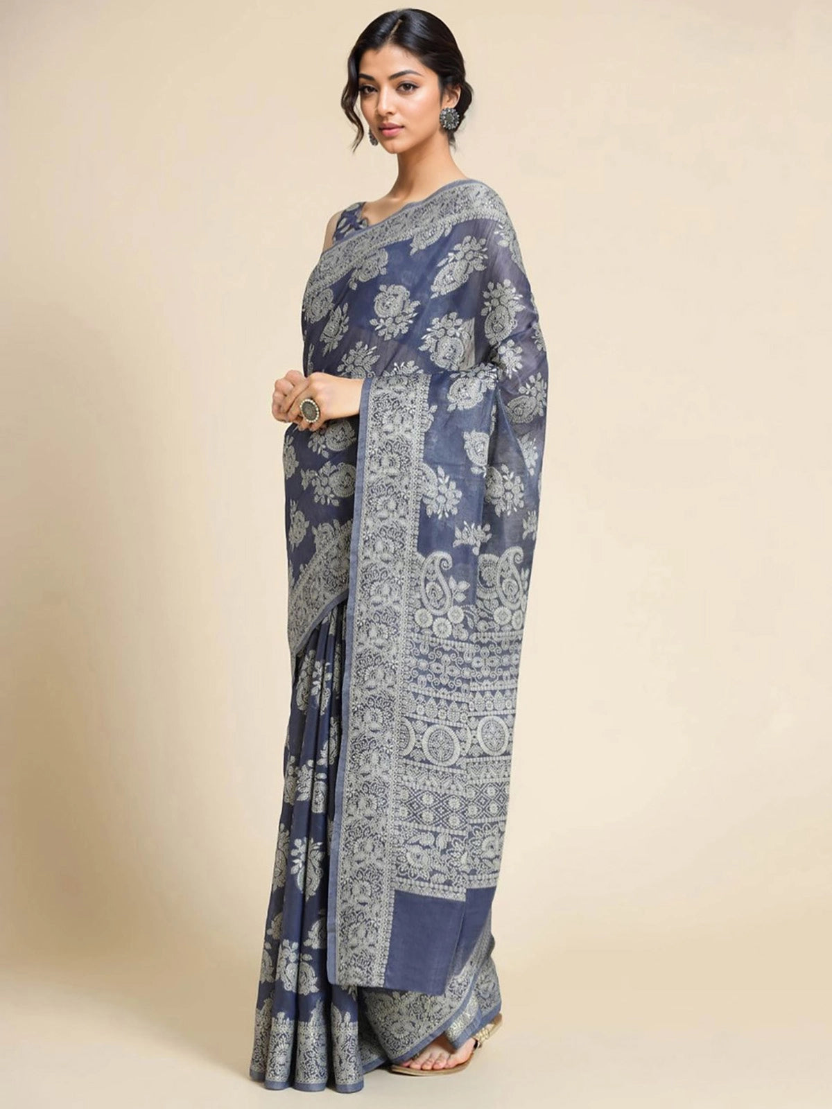 Buy Ethnic Motifs Woven Cotton Blend Saree With Blouse Piece-Blue