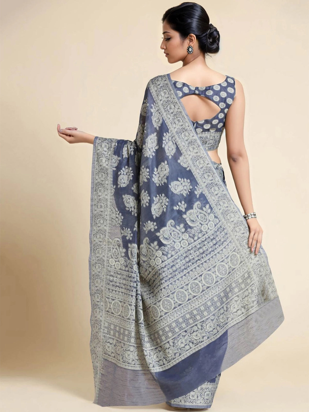 Buy Ethnic Motifs Woven Cotton Blend Saree With Blouse Piece-Blue