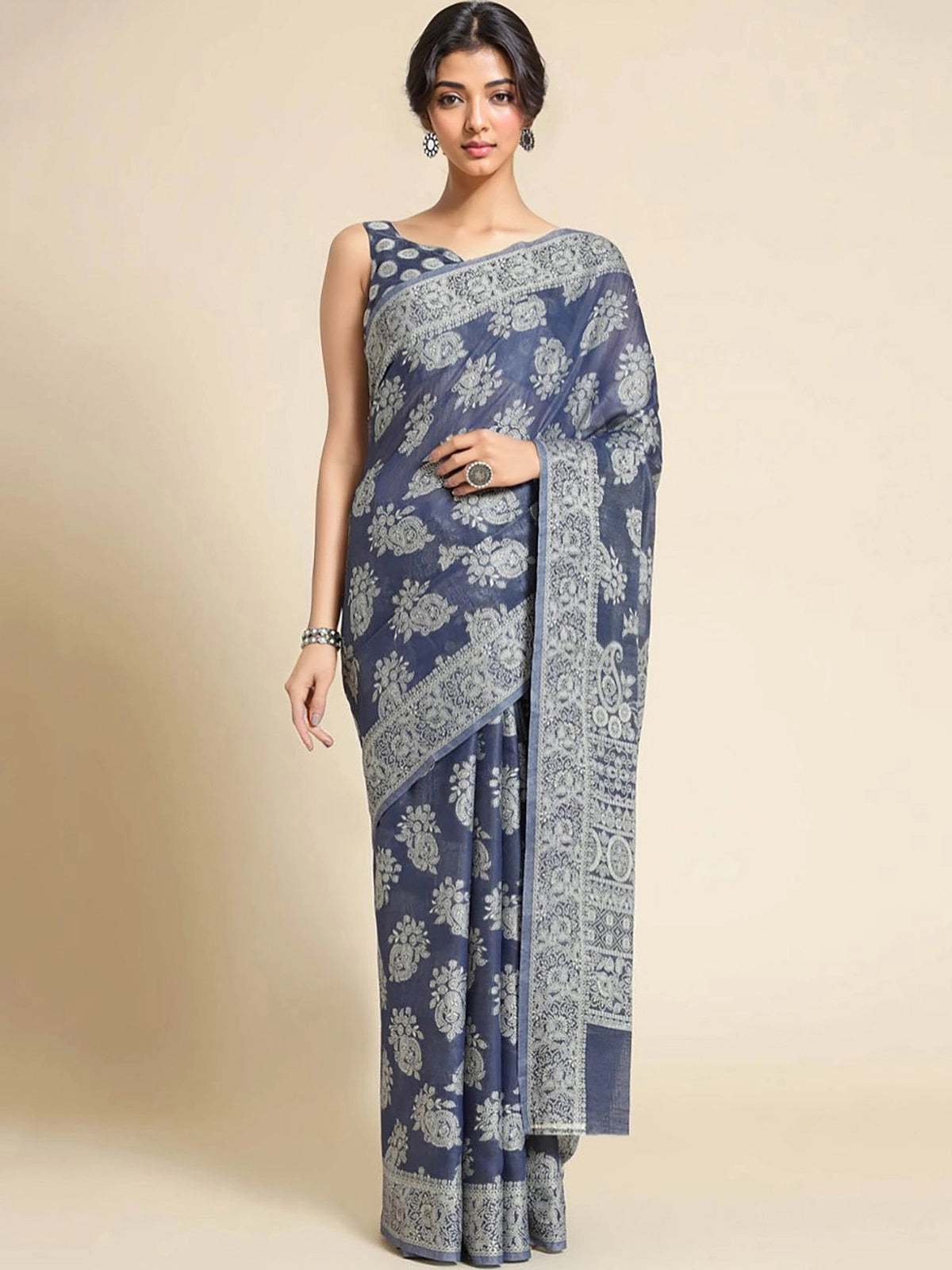 Buy Ethnic Motifs Woven Cotton Blend Saree With Blouse Piece-Blue