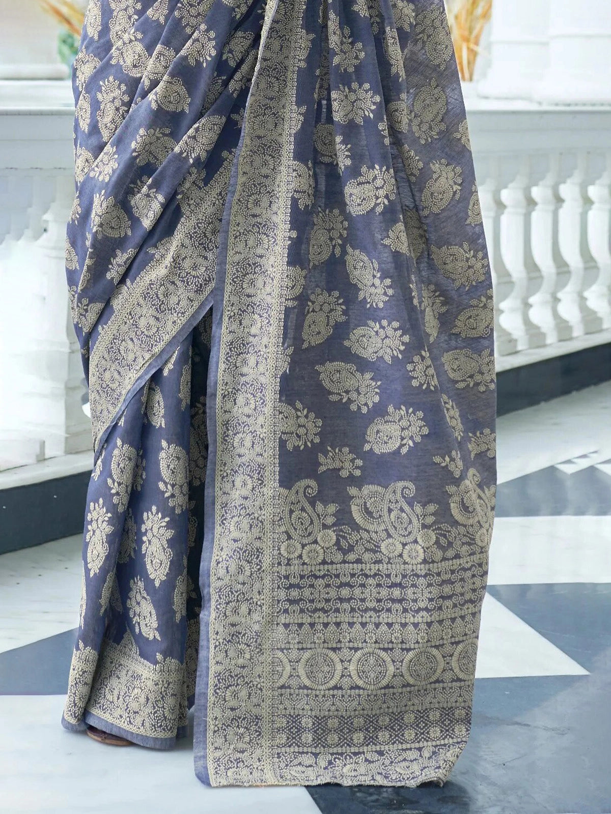 Buy Ethnic Motifs Woven Cotton Blend Saree With Blouse Piece-Blue