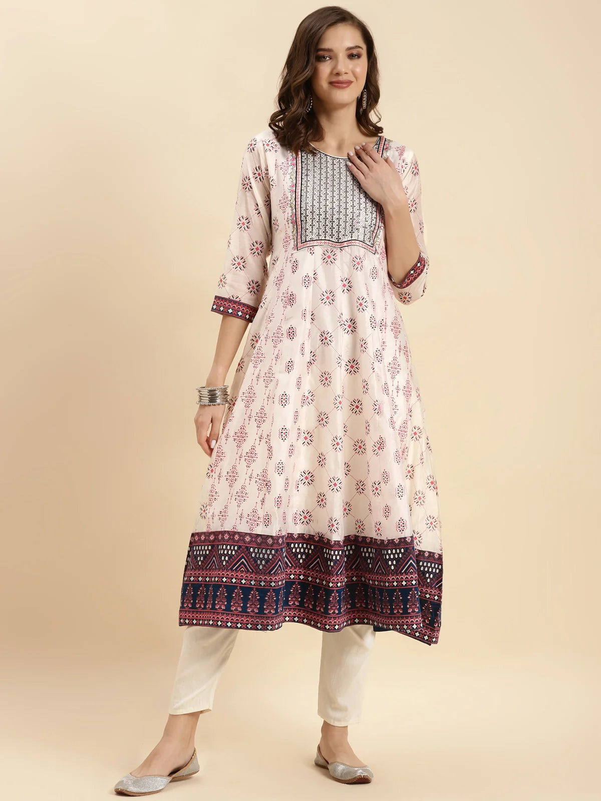 Buy Chanderi Embroidered Calf Length Flared Kurta-Off White