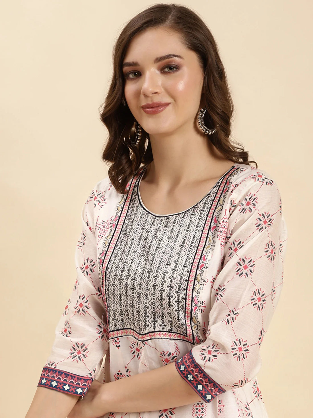 Buy Chanderi Embroidered Calf Length Flared Kurta-Off White