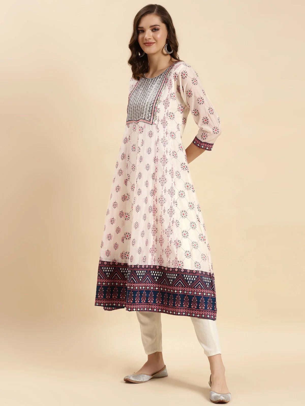 Buy Chanderi Embroidered Calf Length Flared Kurta-Off White