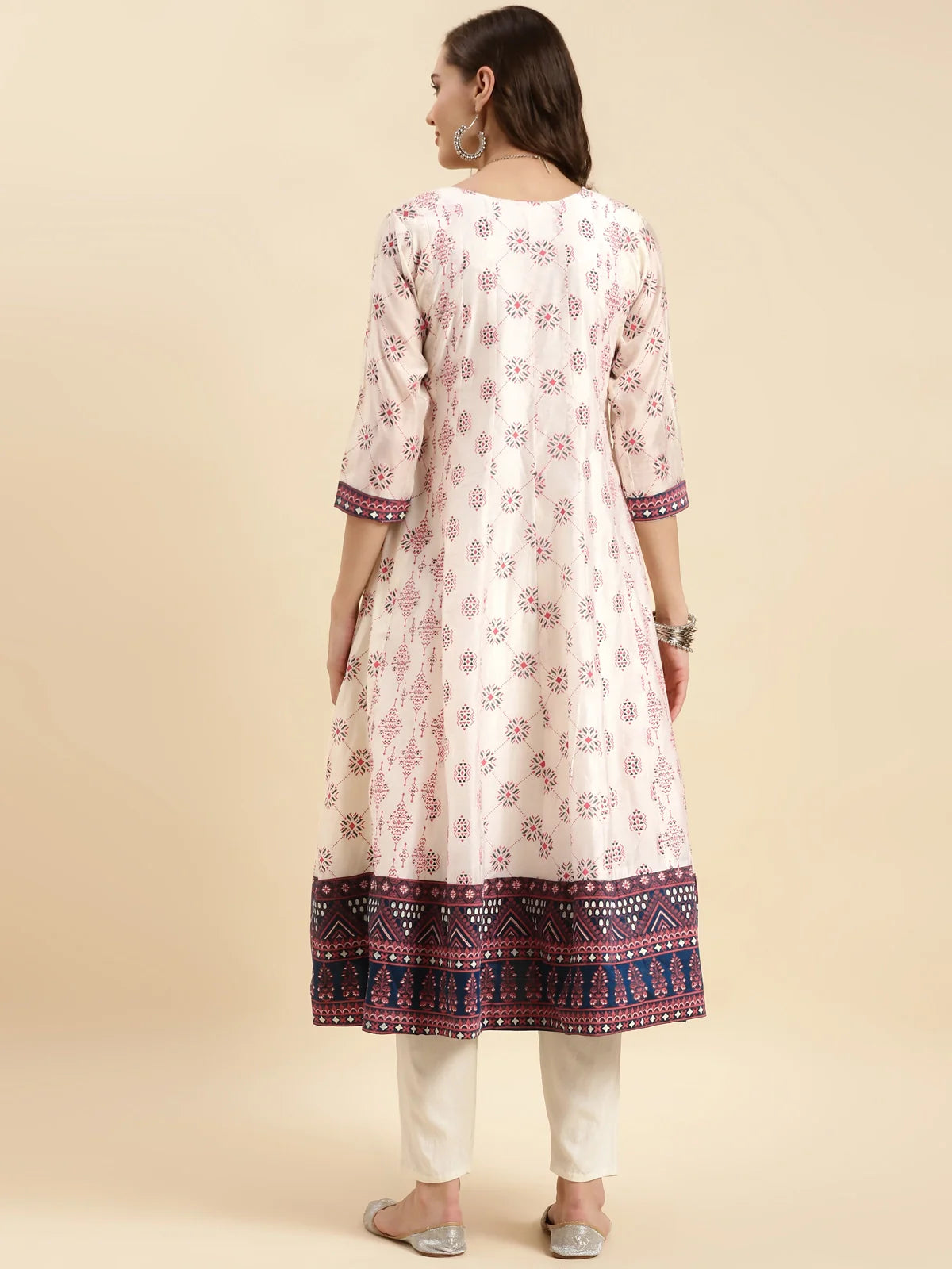 Buy Chanderi Embroidered Calf Length Flared Kurta-Off White