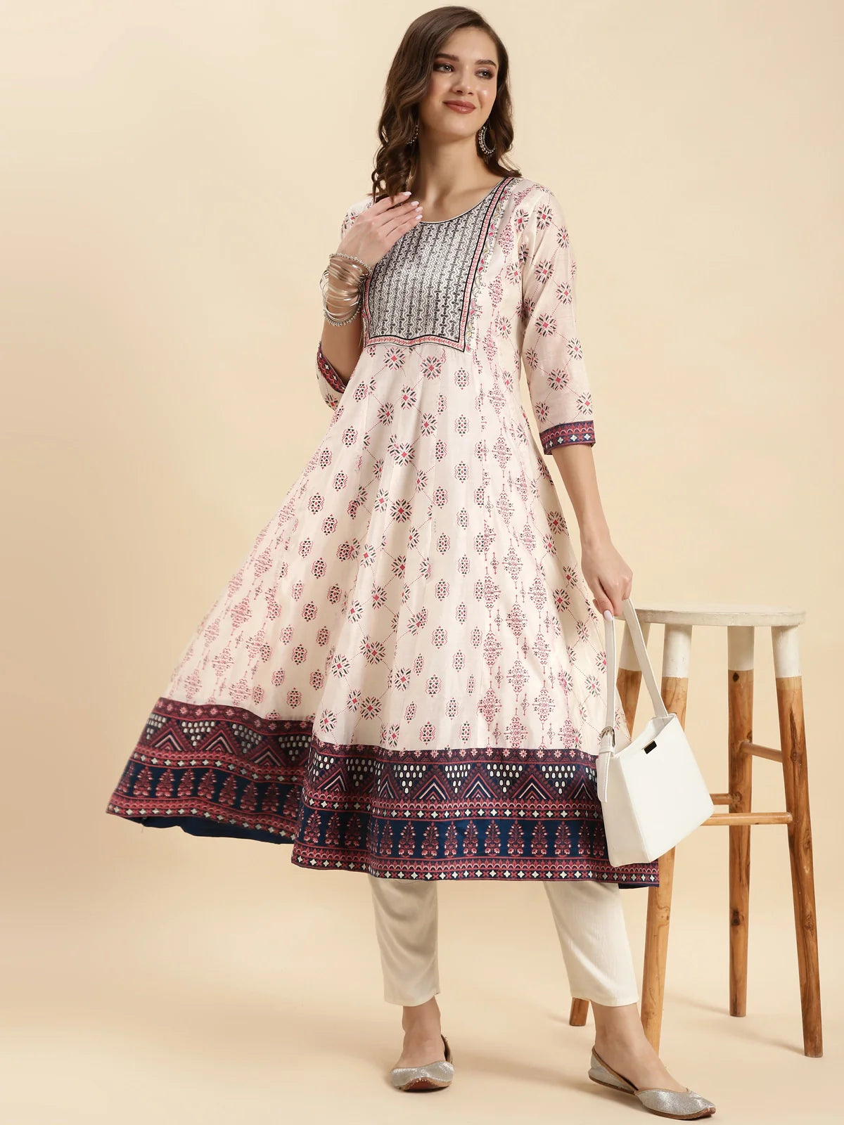 Buy Chanderi Embroidered Calf Length Flared Kurta-Off White