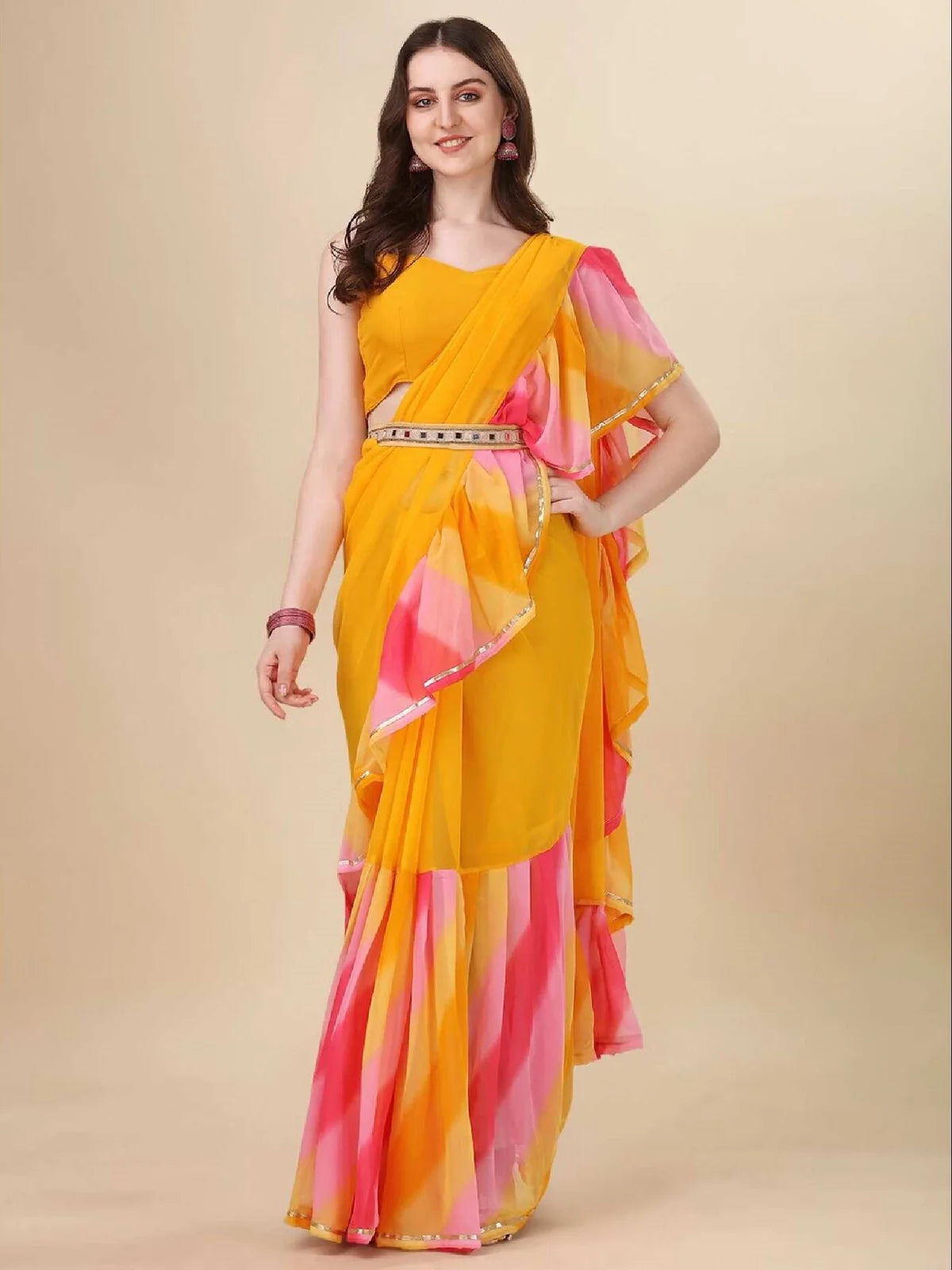 Buy Solid Georgette Saree with Printed Border & Blouse Piece-Yellow