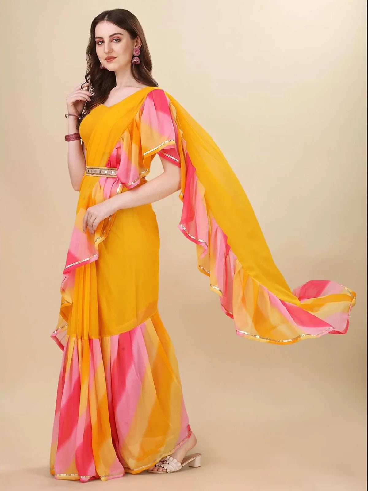 Buy Solid Georgette Saree with Printed Border & Blouse Piece-Yellow