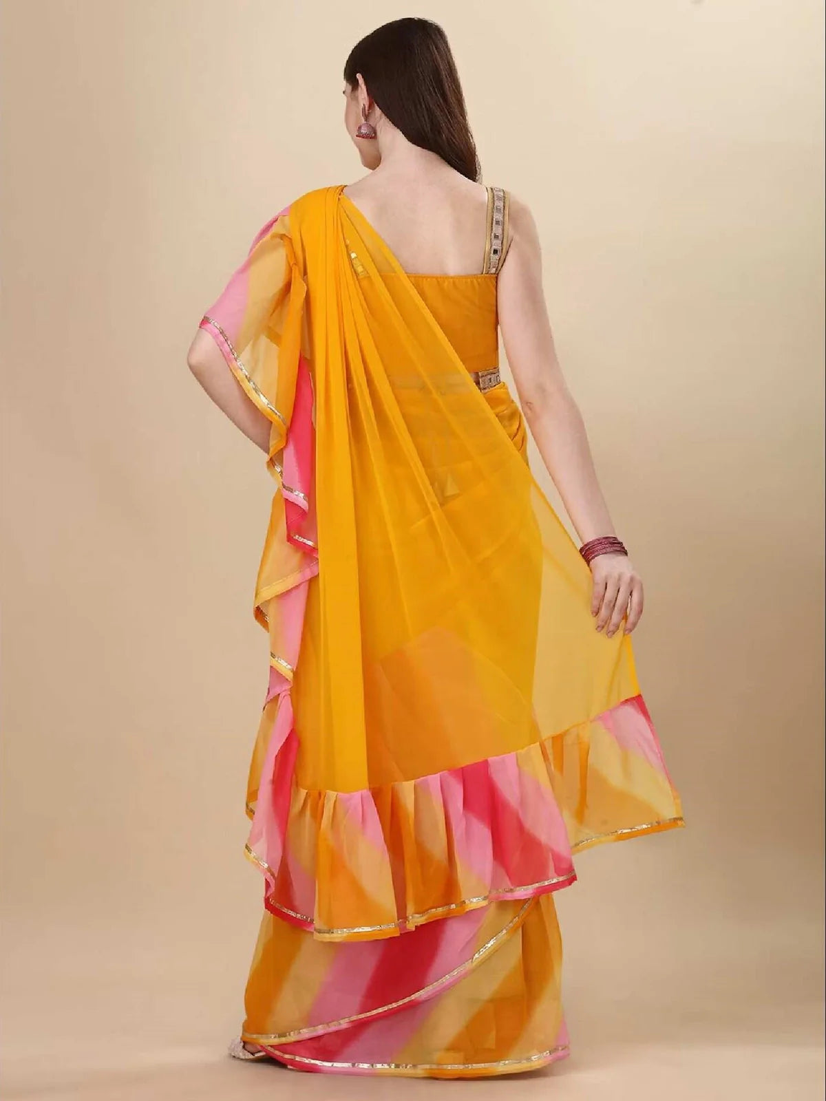 Buy Solid Georgette Saree with Printed Border & Blouse Piece-Yellow