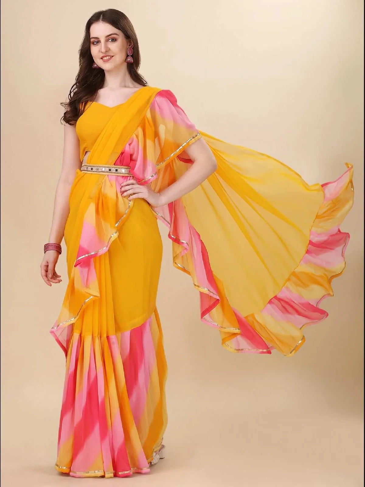 Buy Solid Georgette Saree with Printed Border & Blouse Piece-Yellow