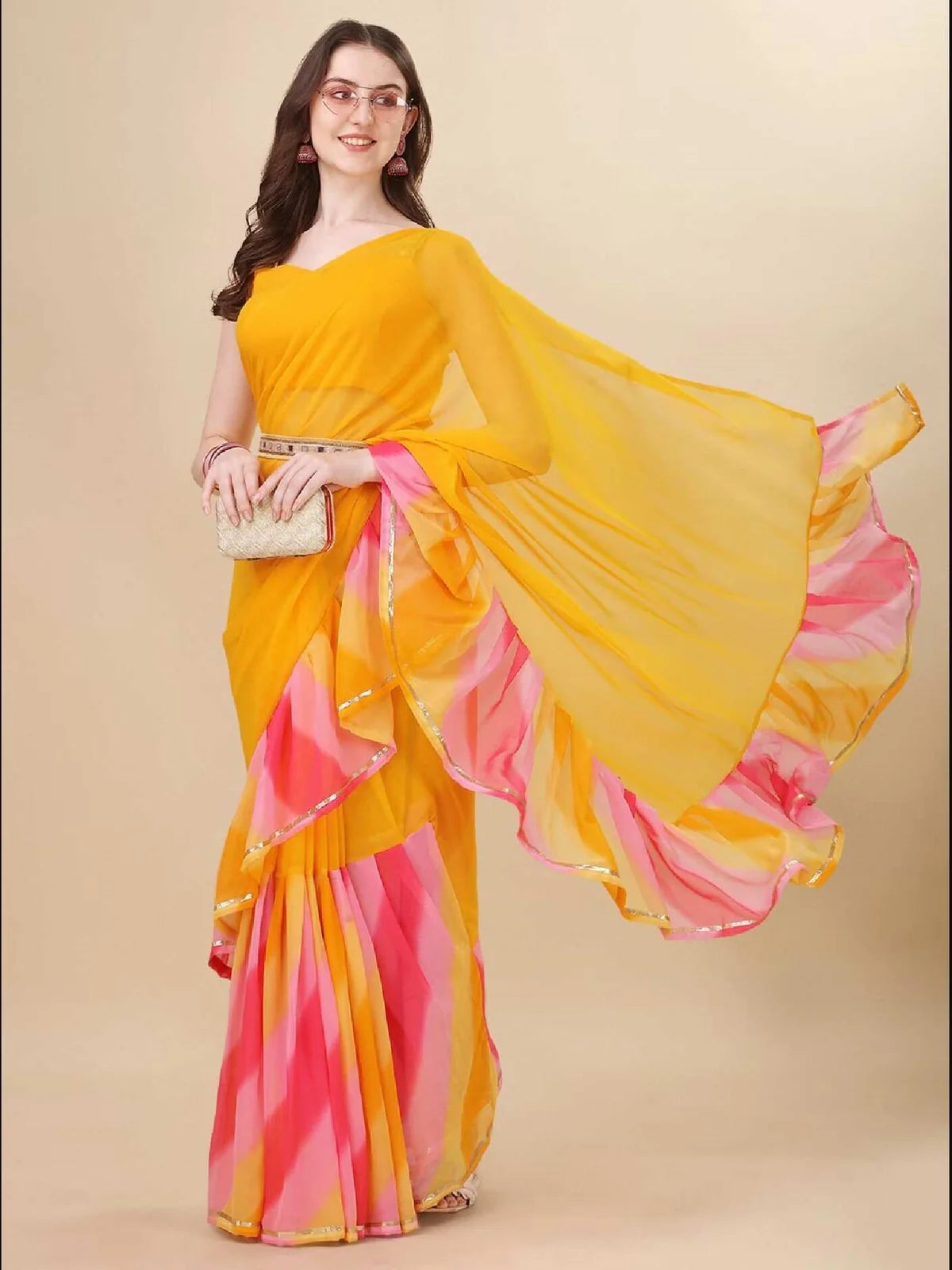 Buy Solid Georgette Saree with Printed Border & Blouse Piece-Yellow