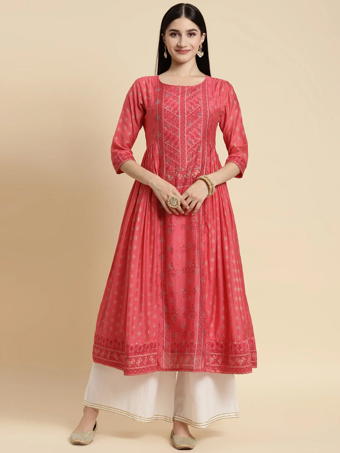 Buy Chanderi Sequin Yoke Embroidered Calf Length Kurta Gathered At Side-Coral