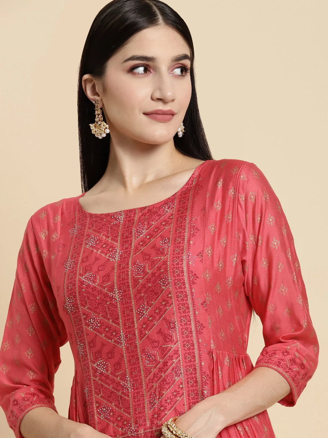 Buy Chanderi Sequin Yoke Embroidered Calf Length Kurta Gathered At Side-Coral