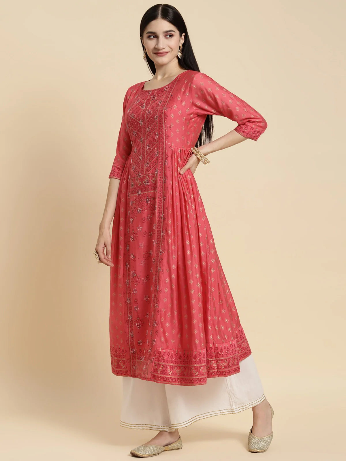 Buy Chanderi Sequin Yoke Embroidered Calf Length Kurta Gathered At Side-Coral