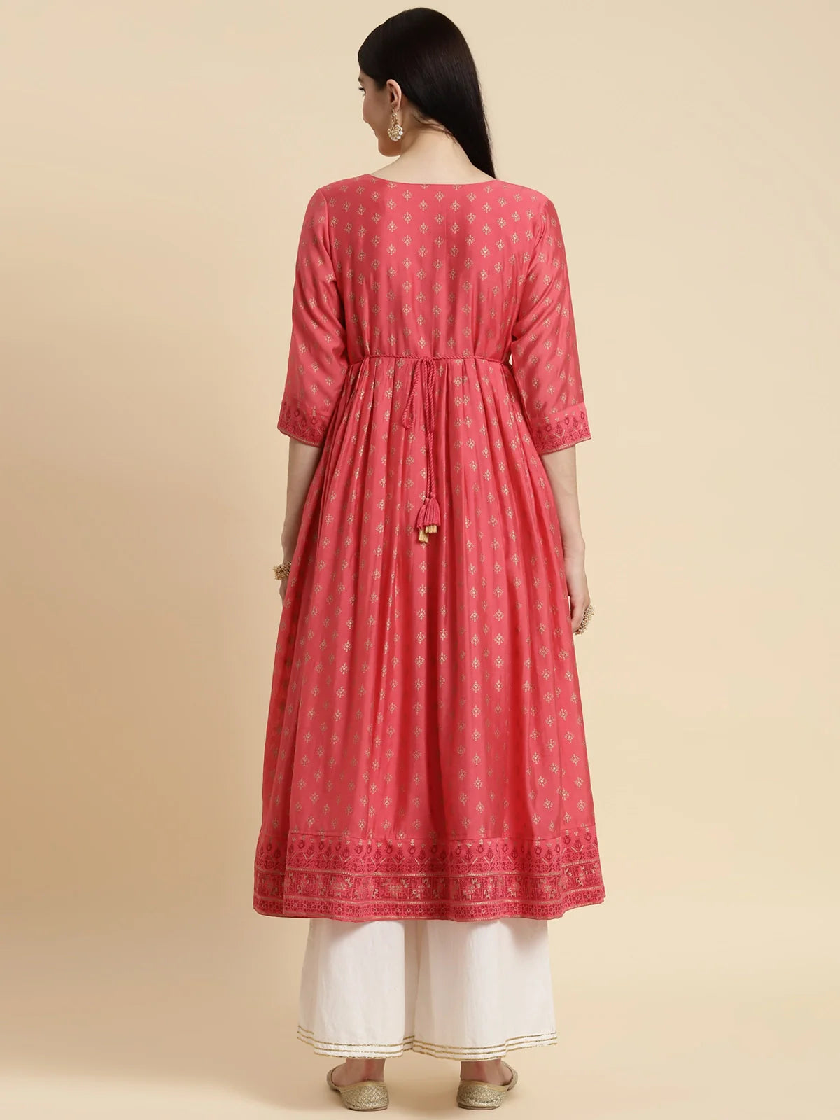 Buy Chanderi Sequin Yoke Embroidered Calf Length Kurta Gathered At Side-Coral