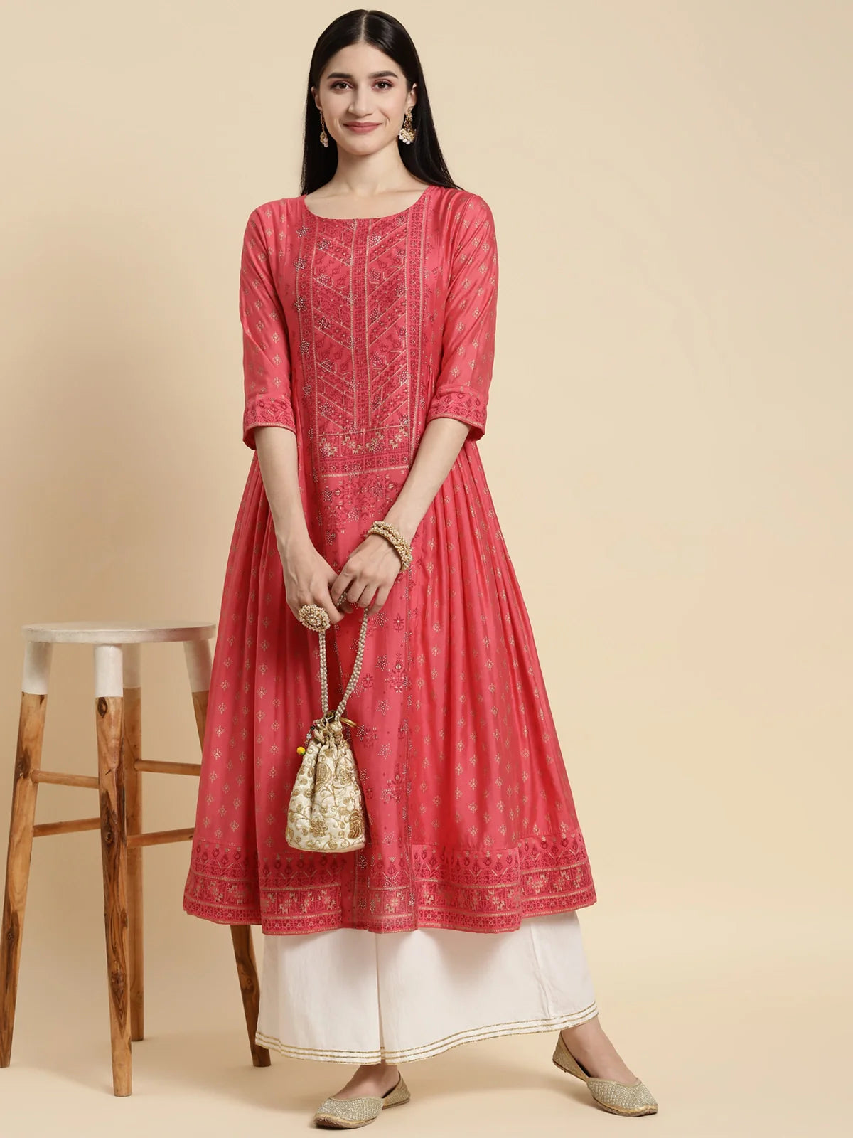 Buy Chanderi Sequin Yoke Embroidered Calf Length Kurta Gathered At Side-Coral