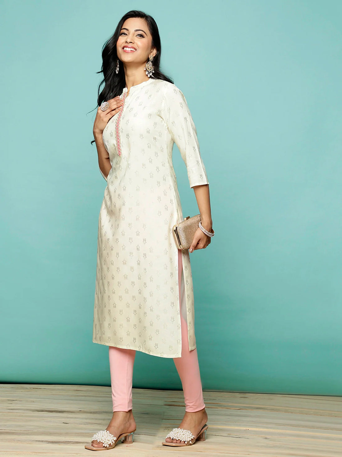 Buy Rayon Embroidered Calf Length Straight Kurta-Off White