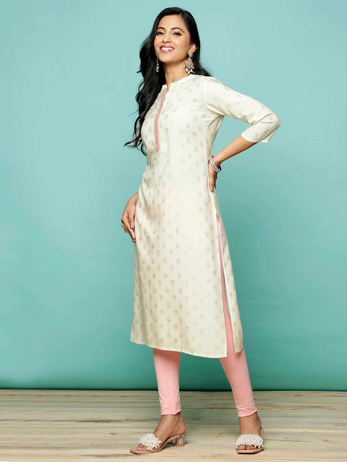 Buy Rayon Embroidered Calf Length Straight Kurta-Off White