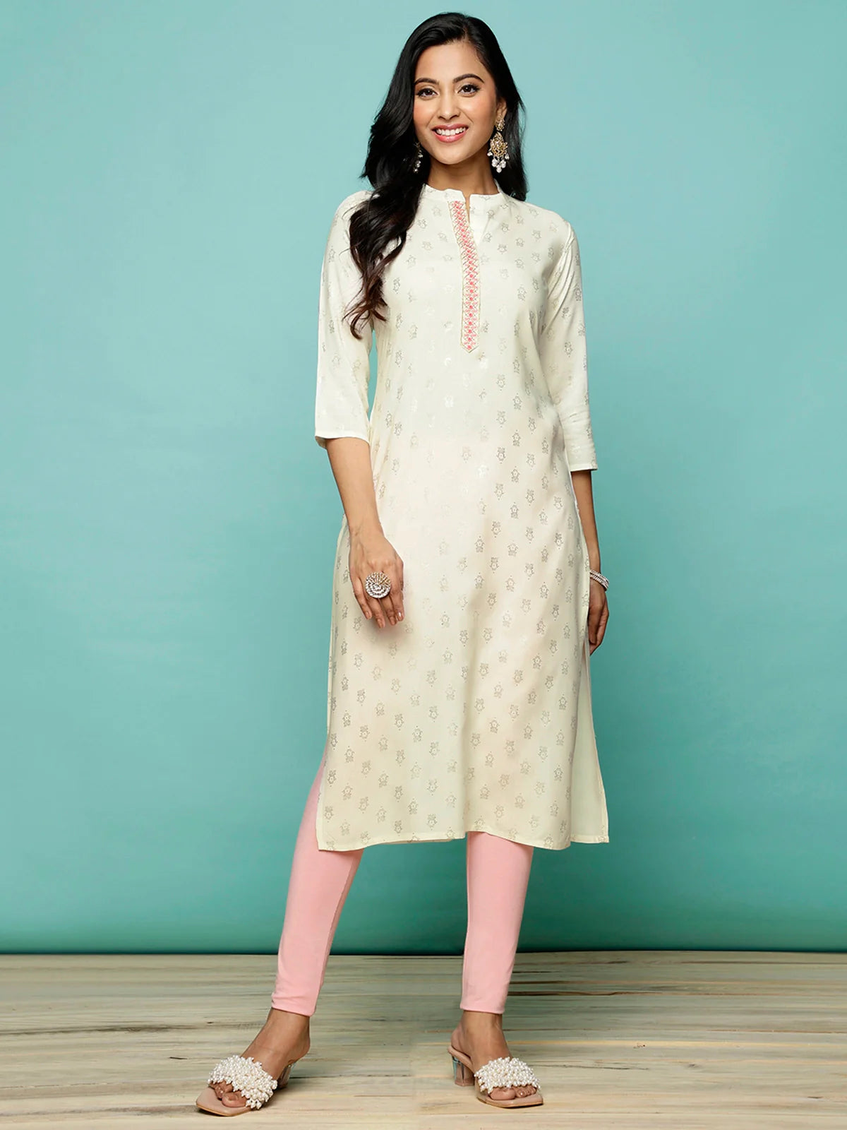 Buy Rayon Embroidered Calf Length Straight Kurta-Off White