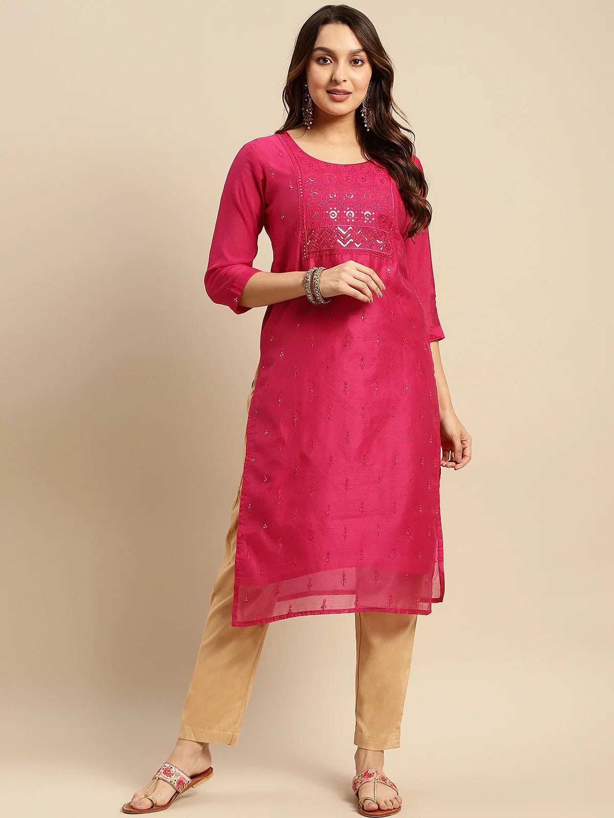 Buy Chanderi Sequin Yoke Embellished Calf Length Straight Kurta-Pink