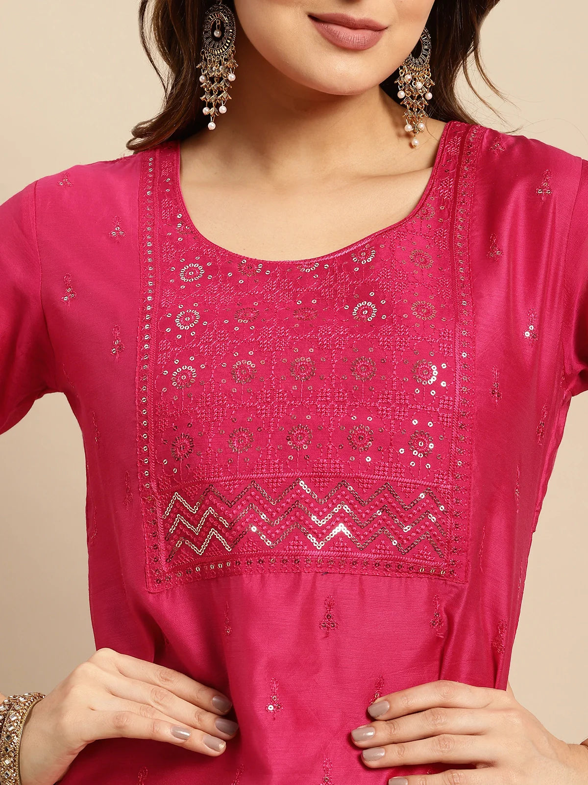 Buy Chanderi Sequin Yoke Embellished Calf Length Straight Kurta-Pink