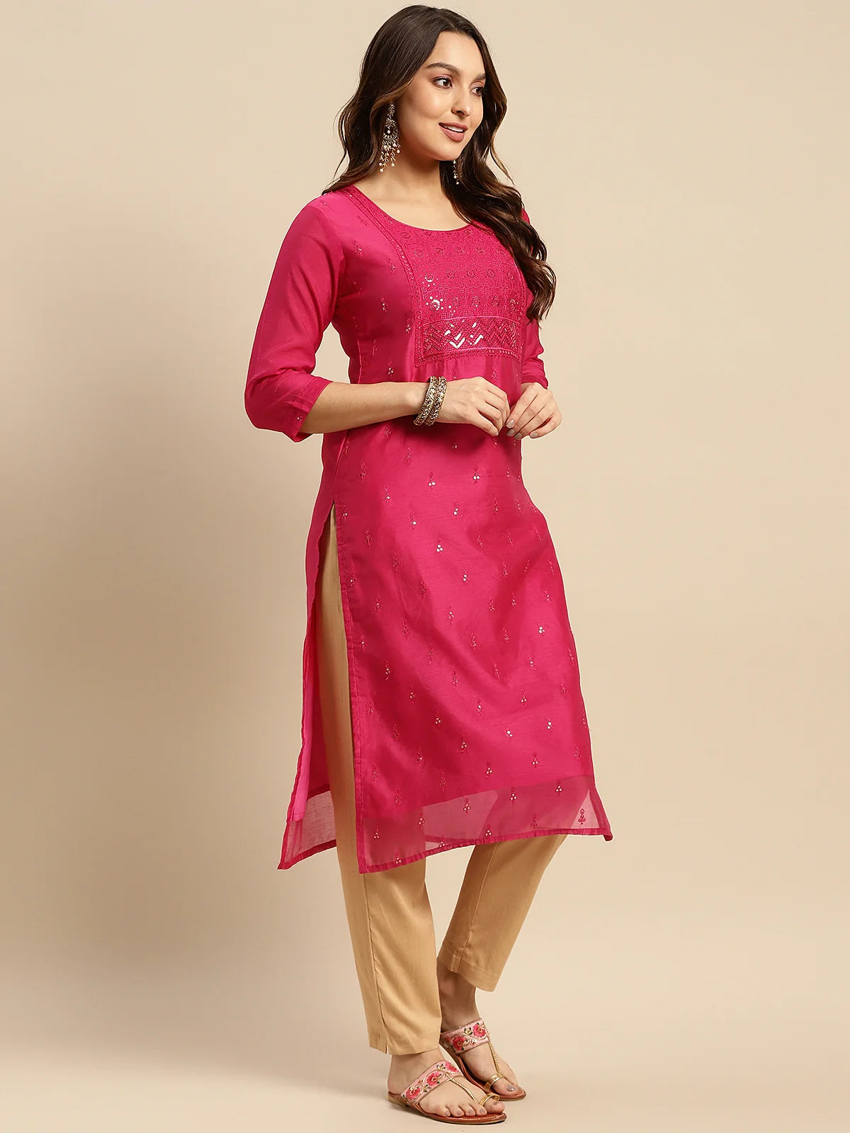 Buy Chanderi Sequin Yoke Embellished Calf Length Straight Kurta-Pink