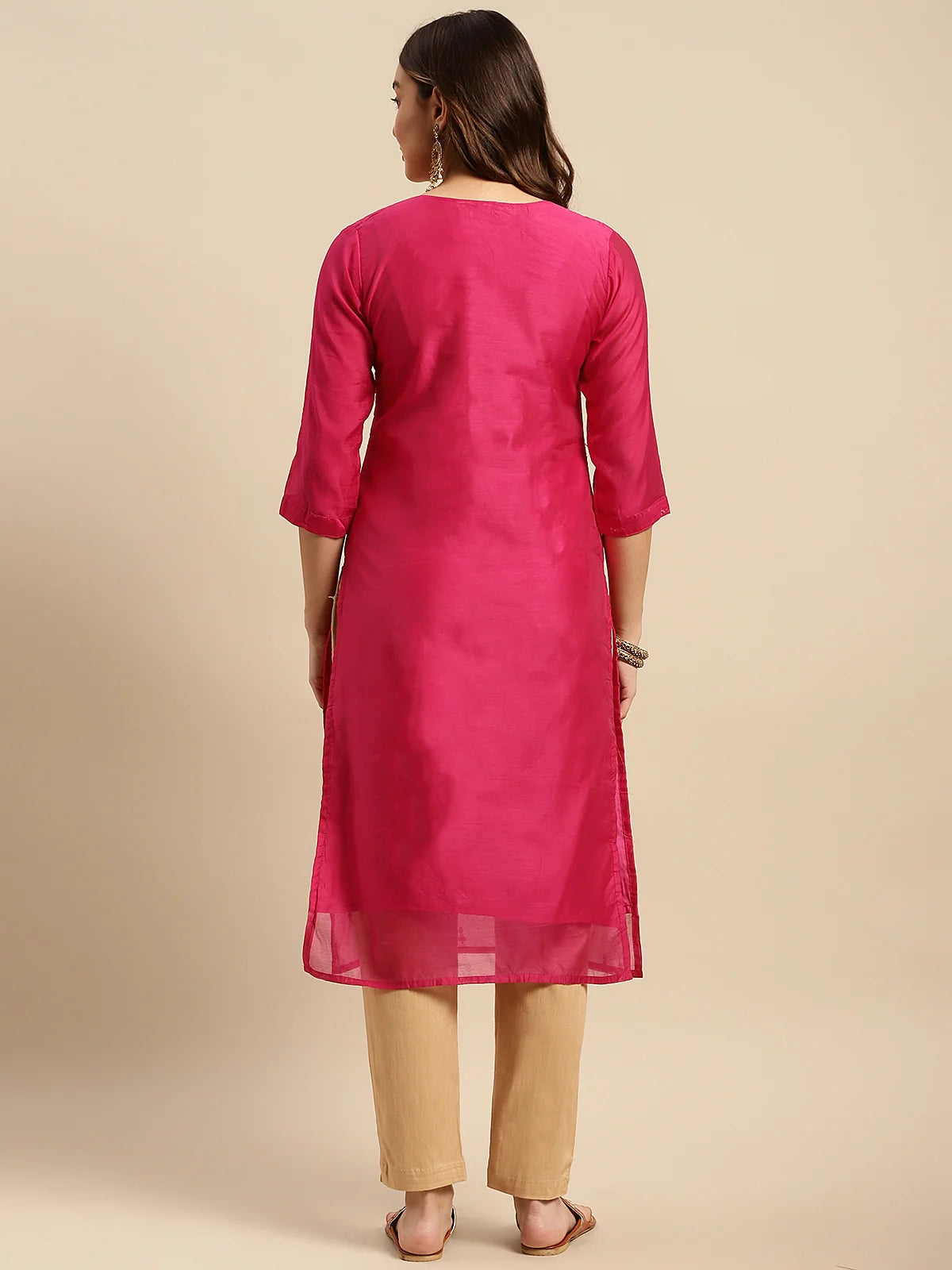 Buy Chanderi Sequin Yoke Embellished Calf Length Straight Kurta-Pink