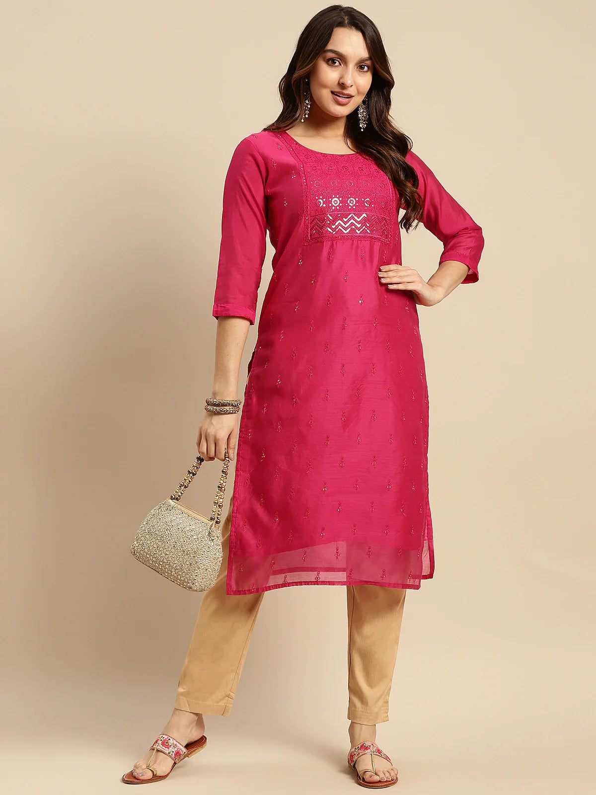 Buy Chanderi Sequin Yoke Embellished Calf Length Straight Kurta-Pink