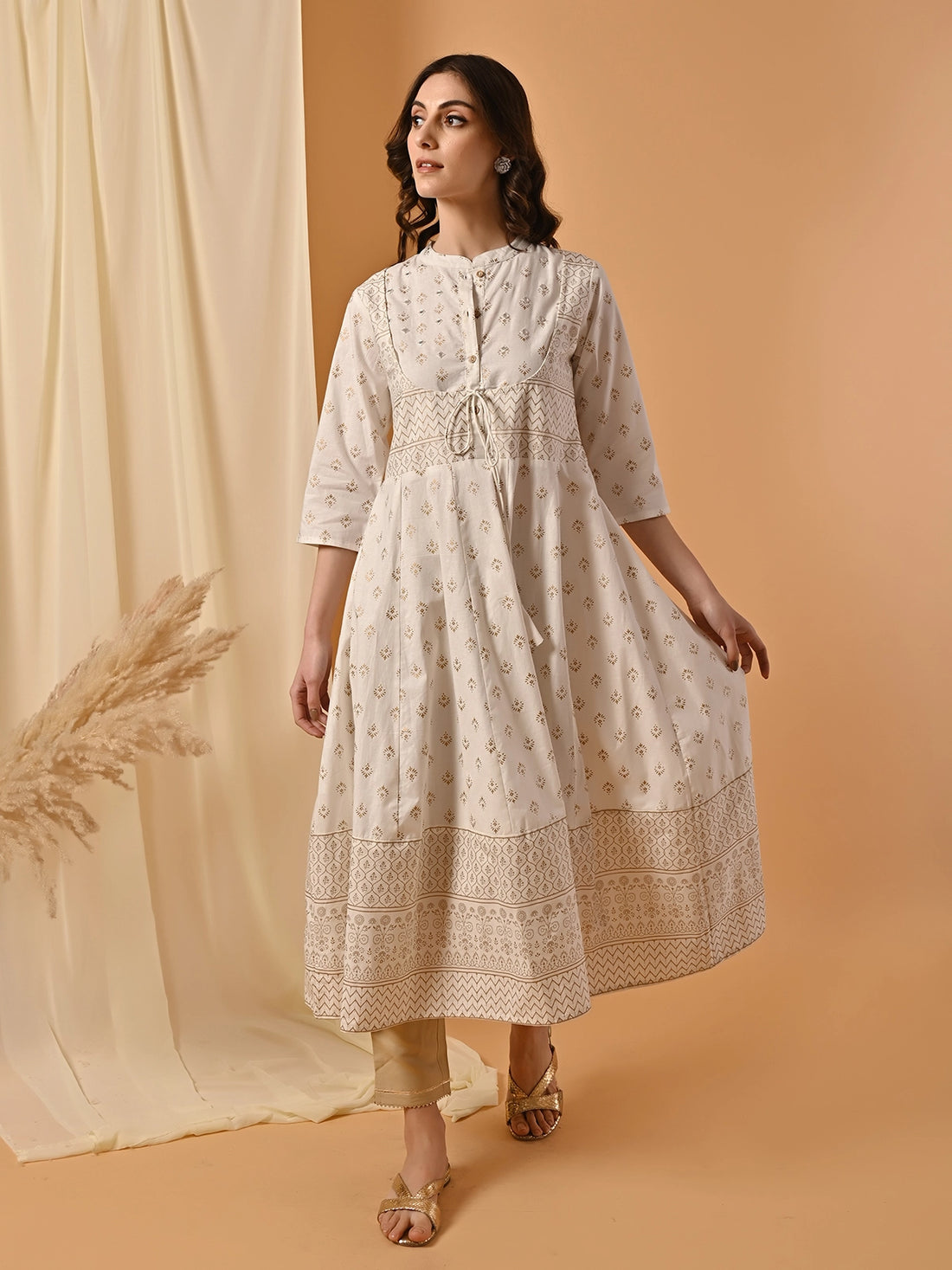 Buy 100% Cotton Ethnic Gold Printed Calf Length Partywear Anarkali Kurta With Mock Jacket-Off White