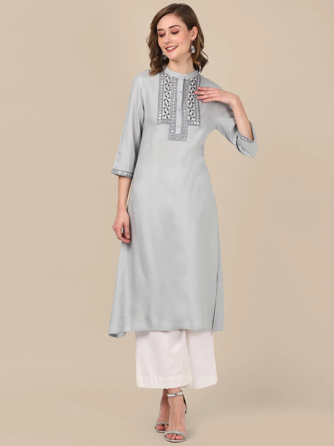 Buy Rayon Yoke Embroidered Calf Length A-line Kurta-Light Grey