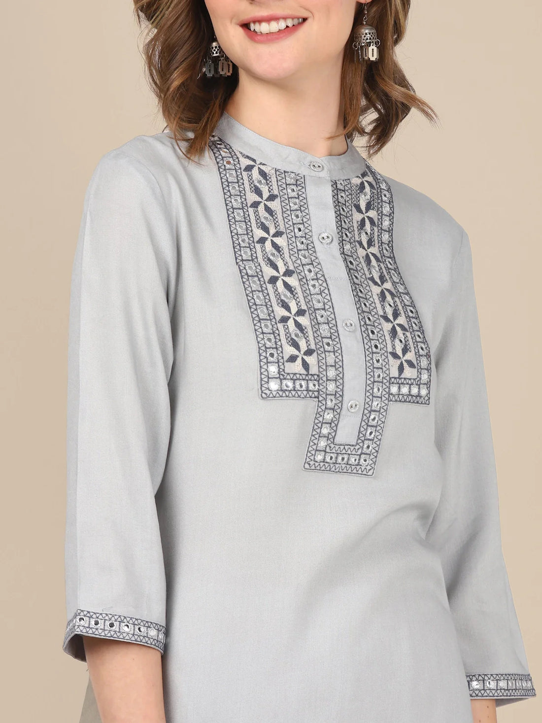 Buy Rayon Yoke Embroidered Calf Length A-line Kurta-Light Grey