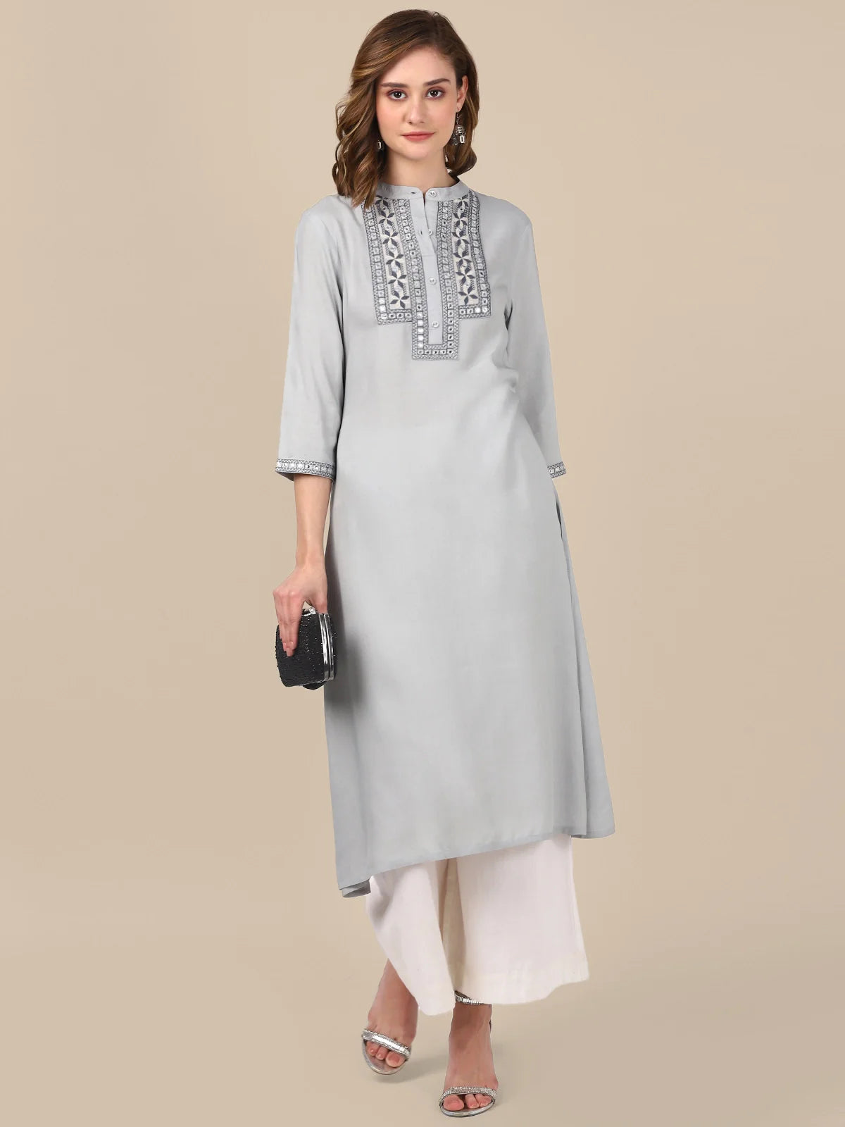 Buy Rayon Yoke Embroidered Calf Length A-line Kurta-Light Grey