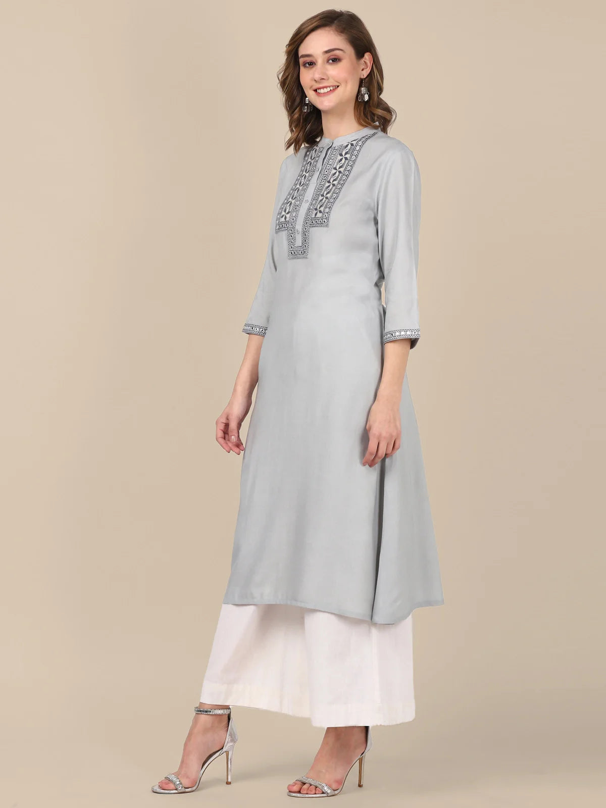 Buy Rayon Yoke Embroidered Calf Length A-line Kurta-Light Grey