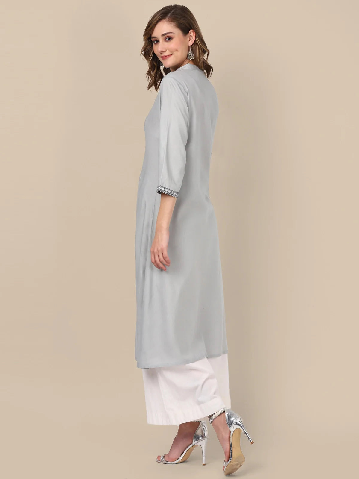 Buy Rayon Yoke Embroidered Calf Length A-line Kurta-Light Grey