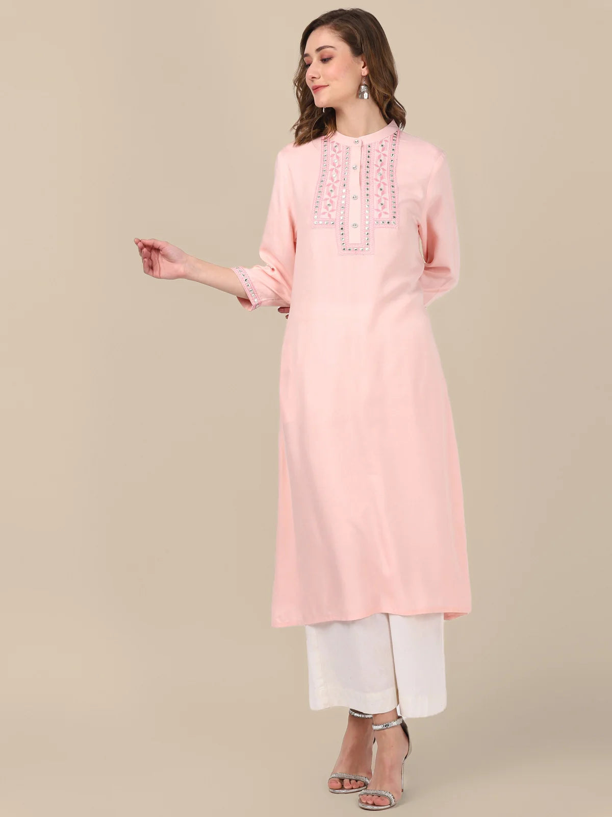 Buy Rayon Yoke Embroidered Calf Length A-line Kurta-Light Grey