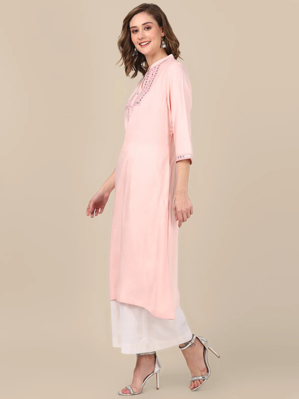 Buy Rayon Yoke Embroidered Calf Length A-line Kurta-Peach