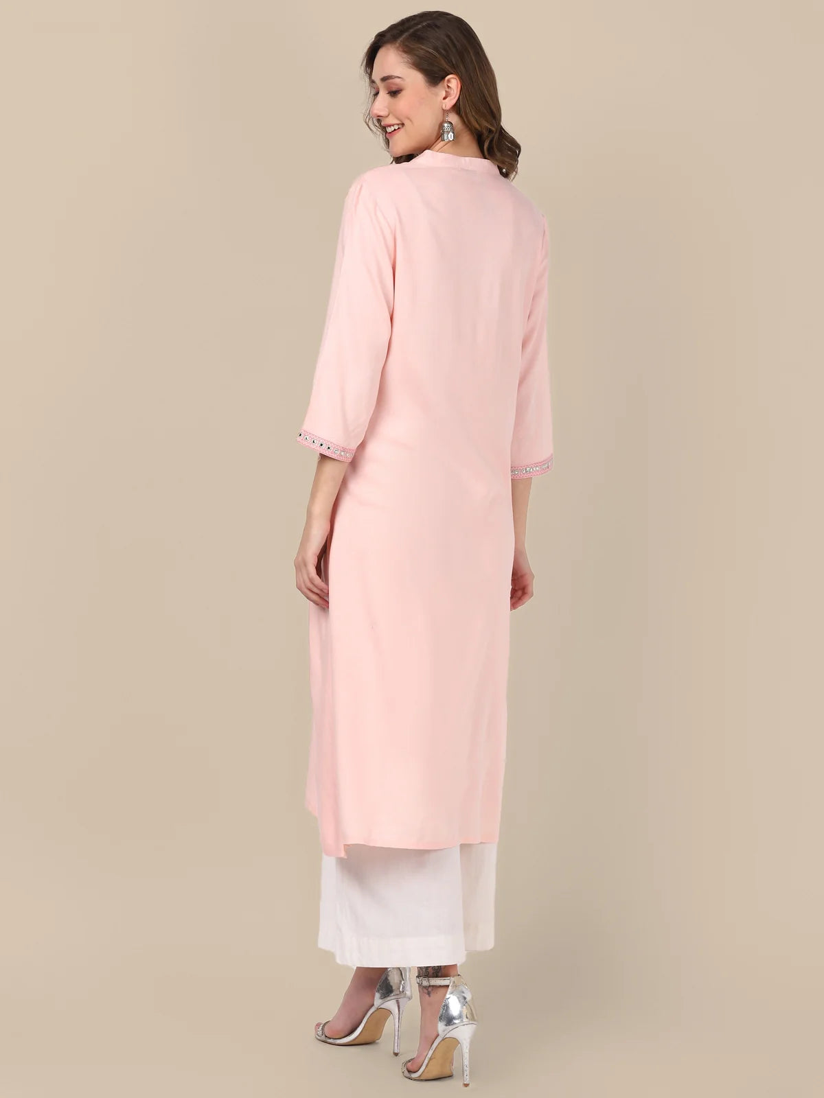 Buy Rayon Yoke Embroidered Calf Length A-line Kurta-Peach