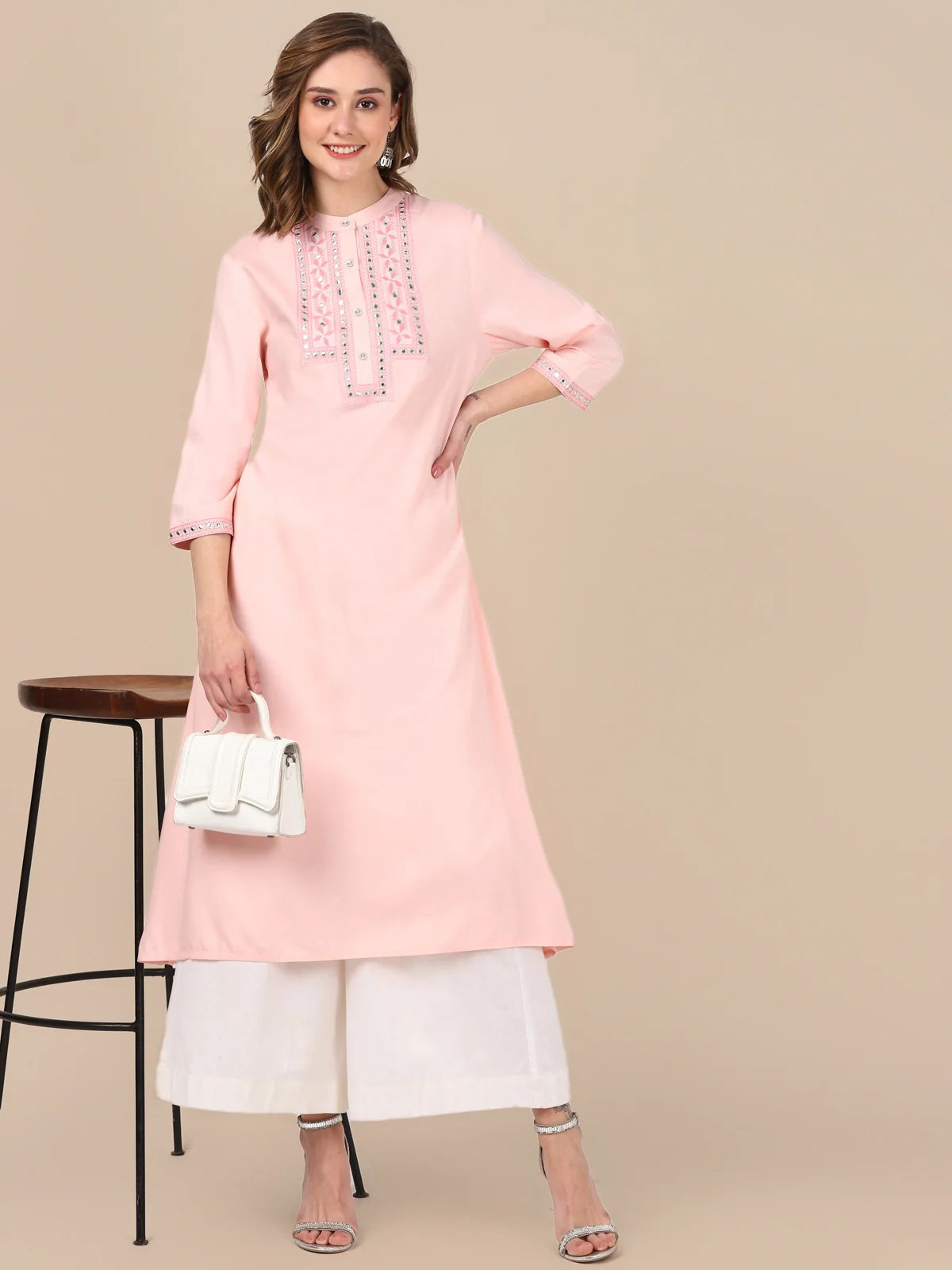 Buy Rayon Yoke Embroidered Calf Length A-line Kurta-Peach