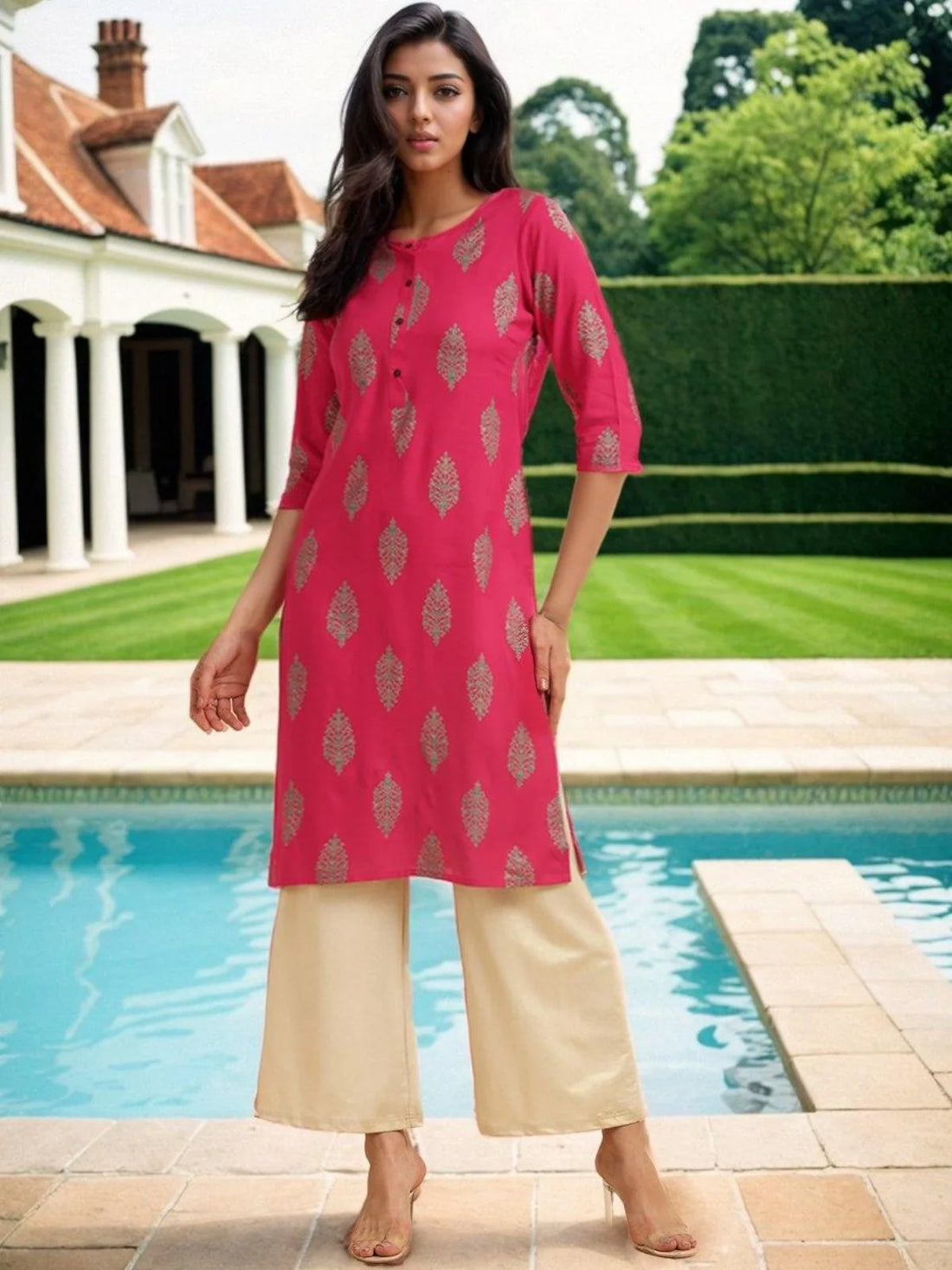 Buy Rayon Ethnic Printed Knee Length Straight Kurta-Pink