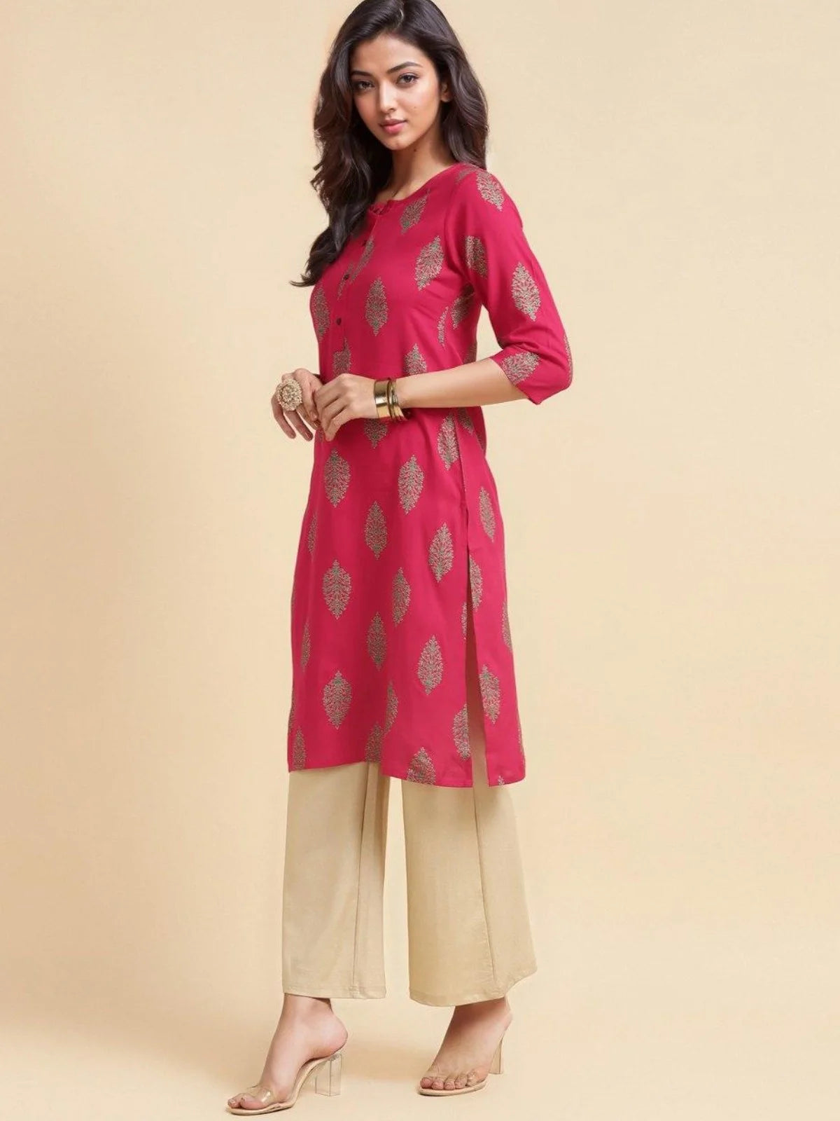 Buy Rayon Ethnic Printed Knee Length Straight Kurta-Pink