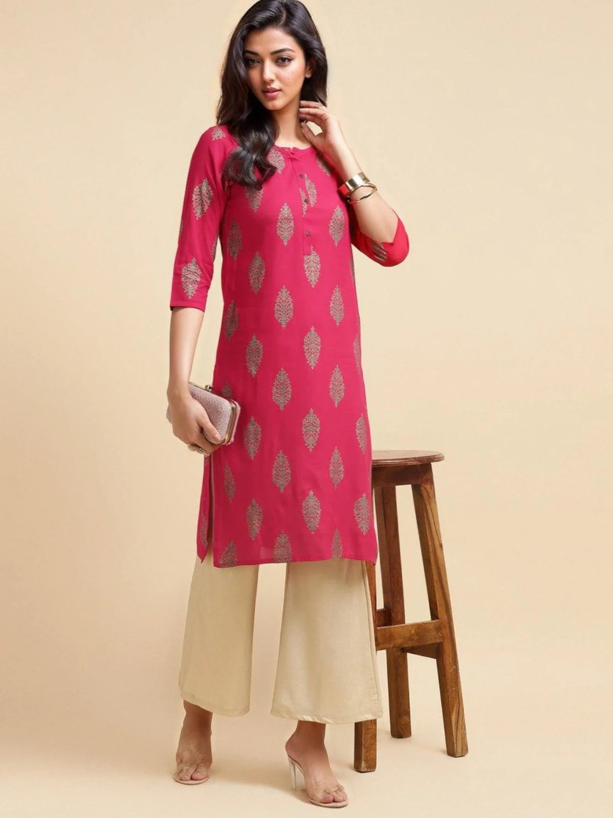 Buy Rayon Ethnic Printed Knee Length Straight Kurta-Pink