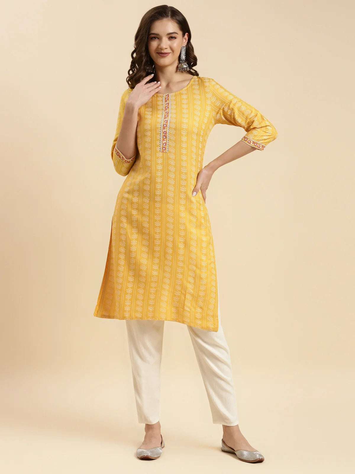 Buy Rayon Printed Knee Length Straight Kurta-Yellow