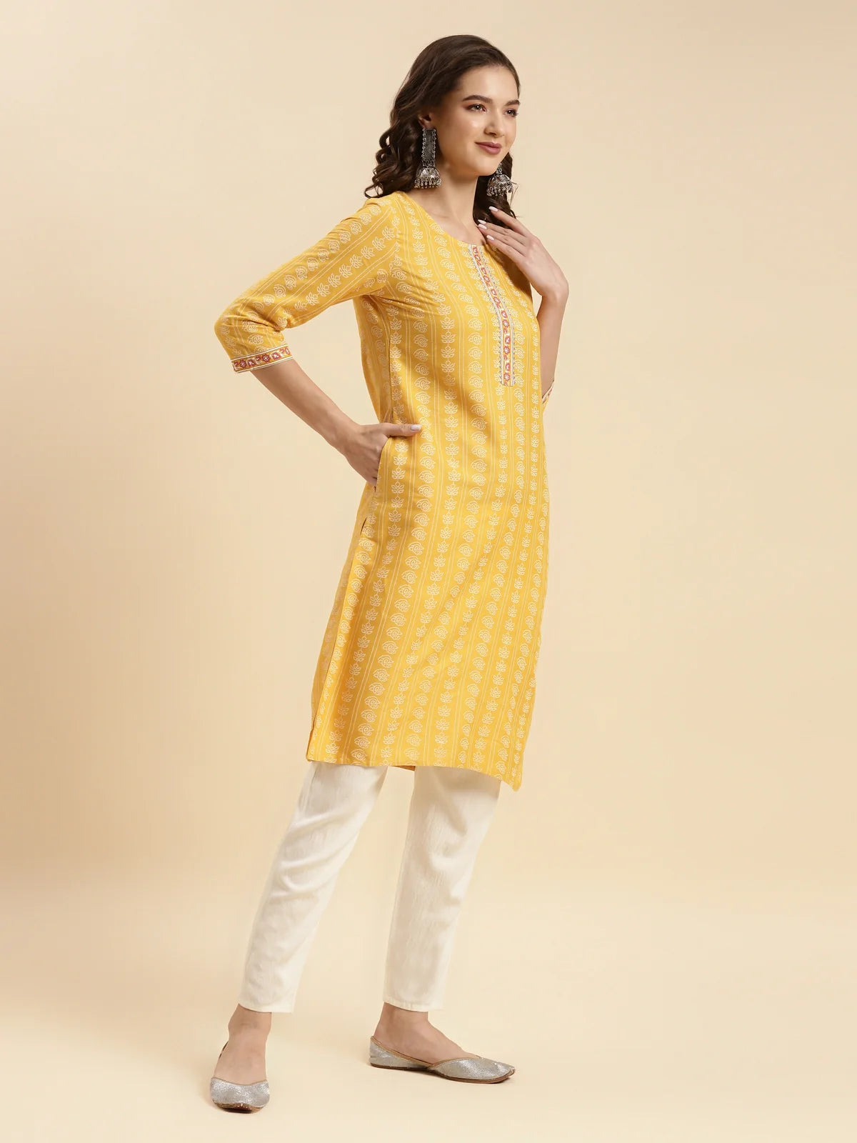 Buy Rayon Printed Knee Length Straight Kurta-Yellow