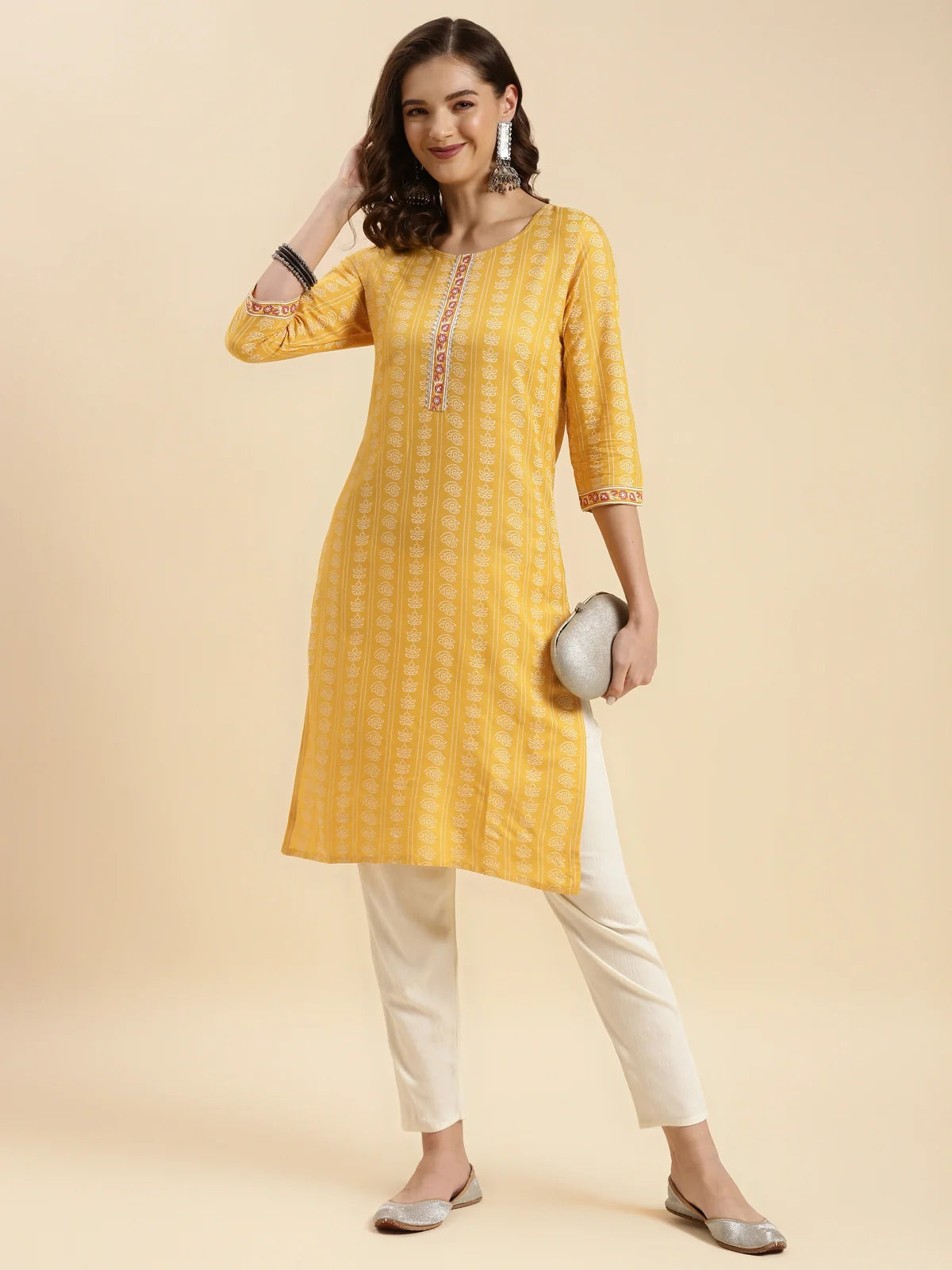 Buy Rayon Printed Knee Length Straight Kurta-Yellow