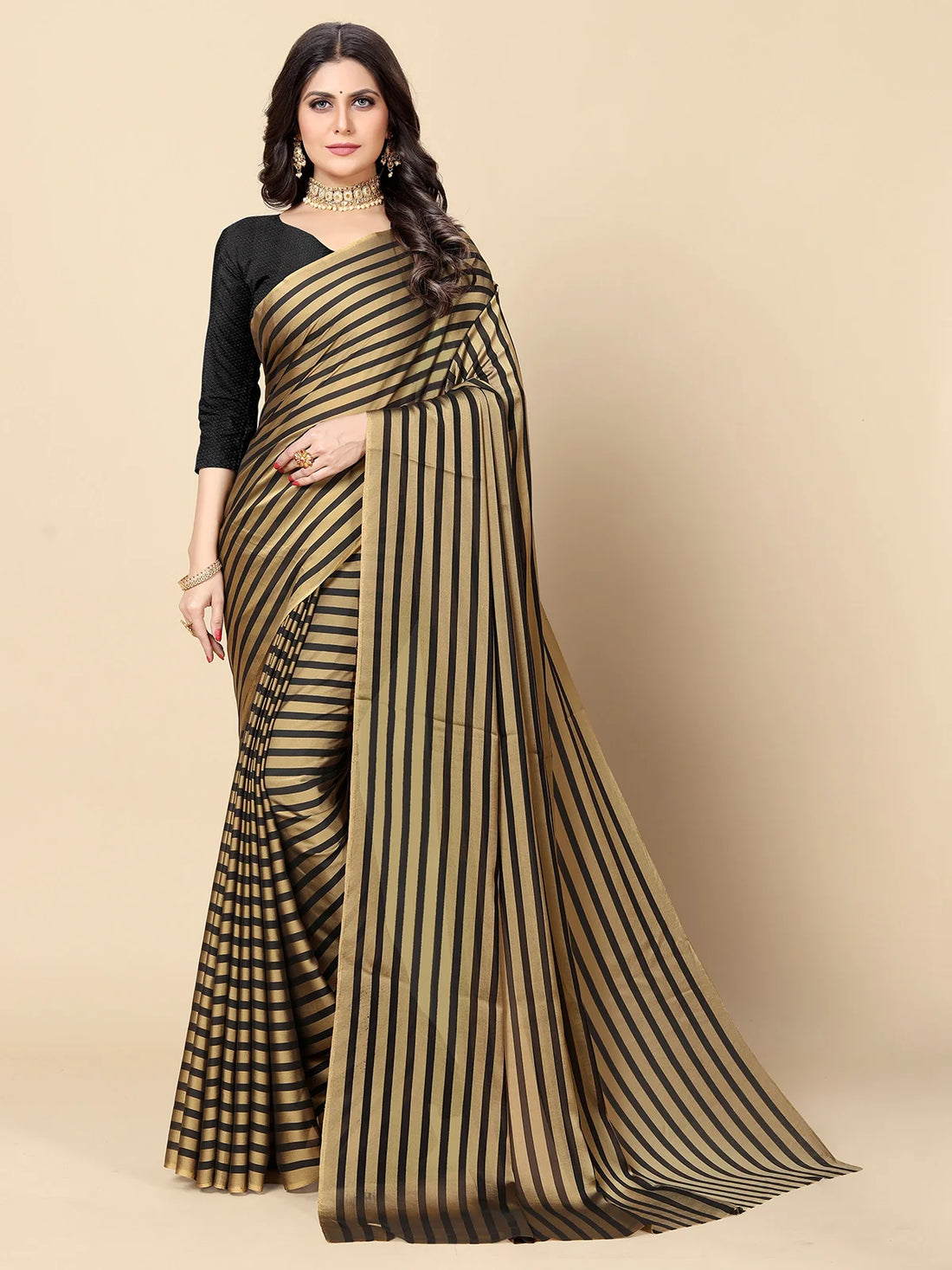 Buy Striped Georgette Saree With Blouse Piece-Gold