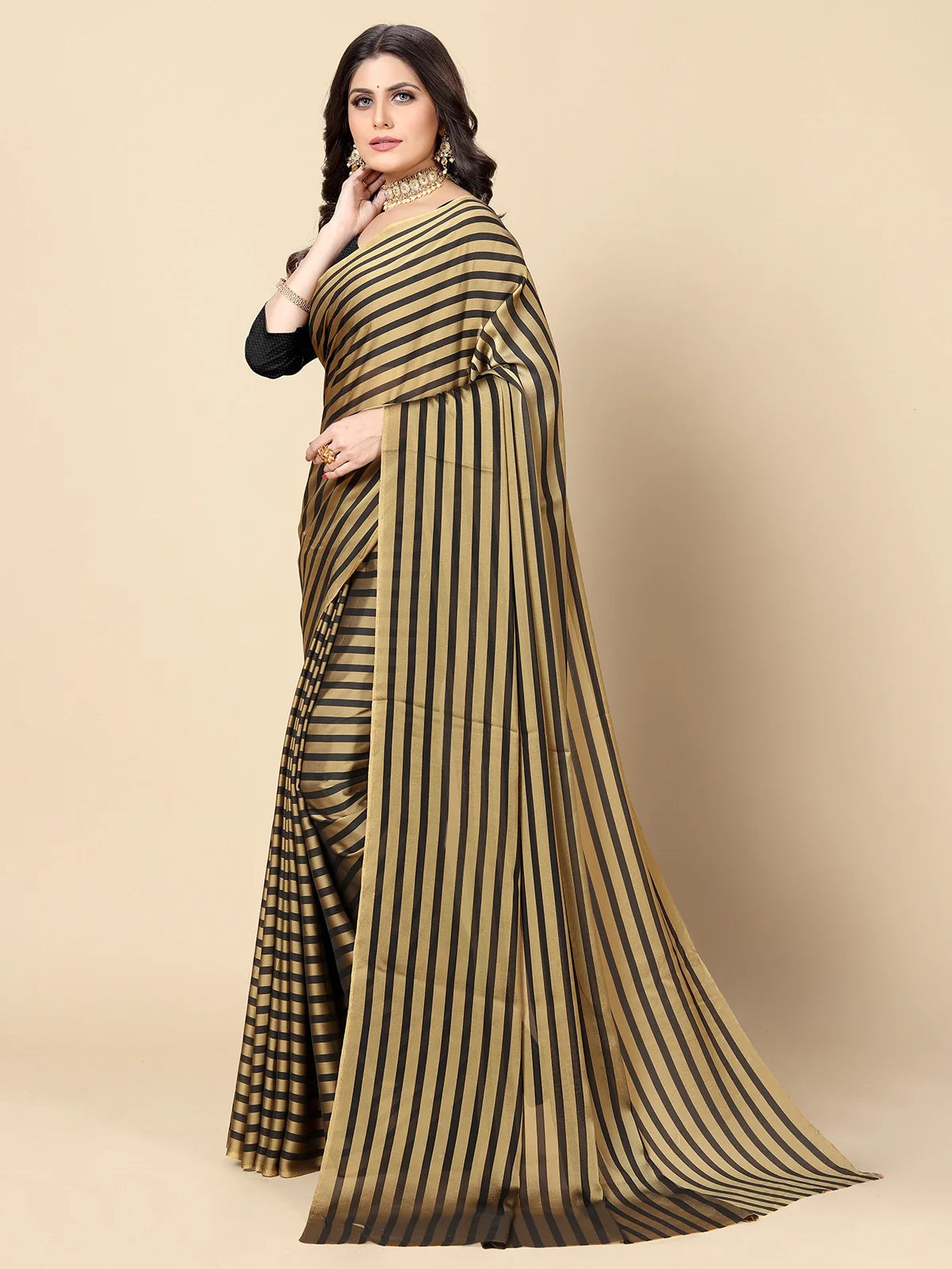 Buy Striped Georgette Saree With Blouse Piece-Gold