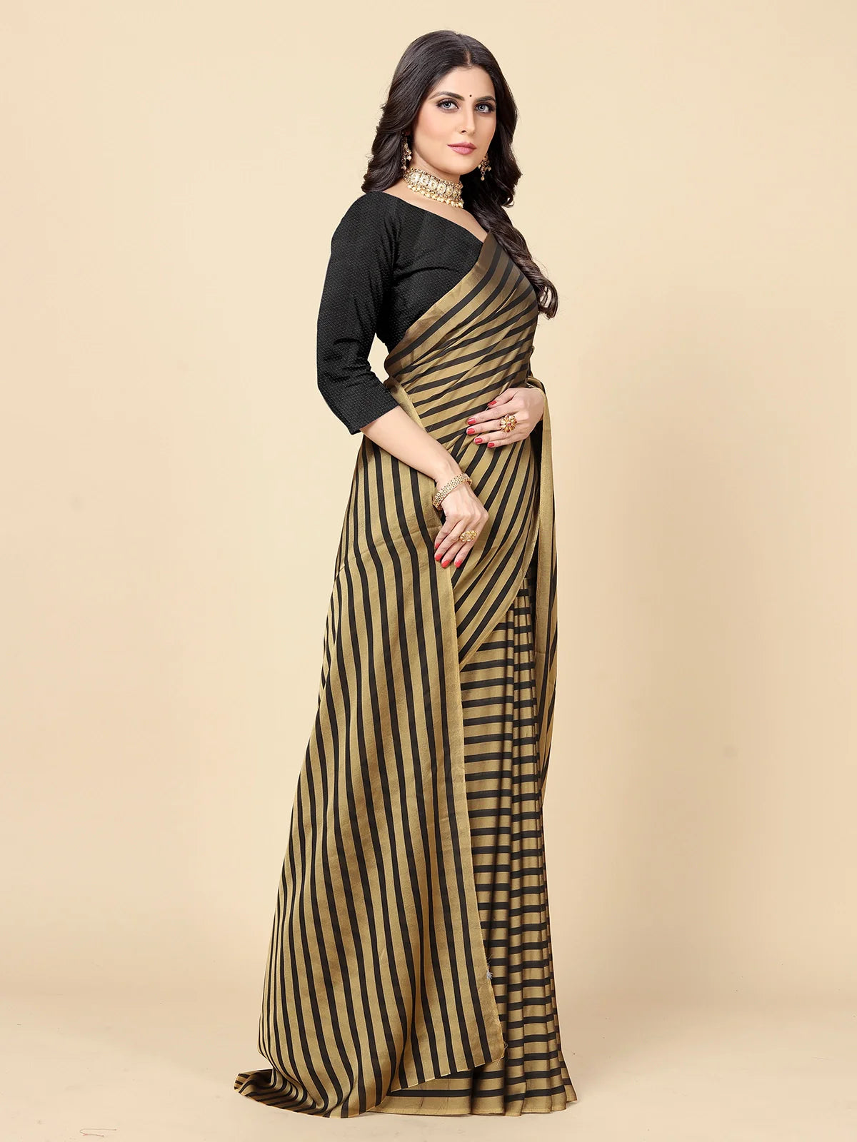 Buy Striped Georgette Saree With Blouse Piece-Gold