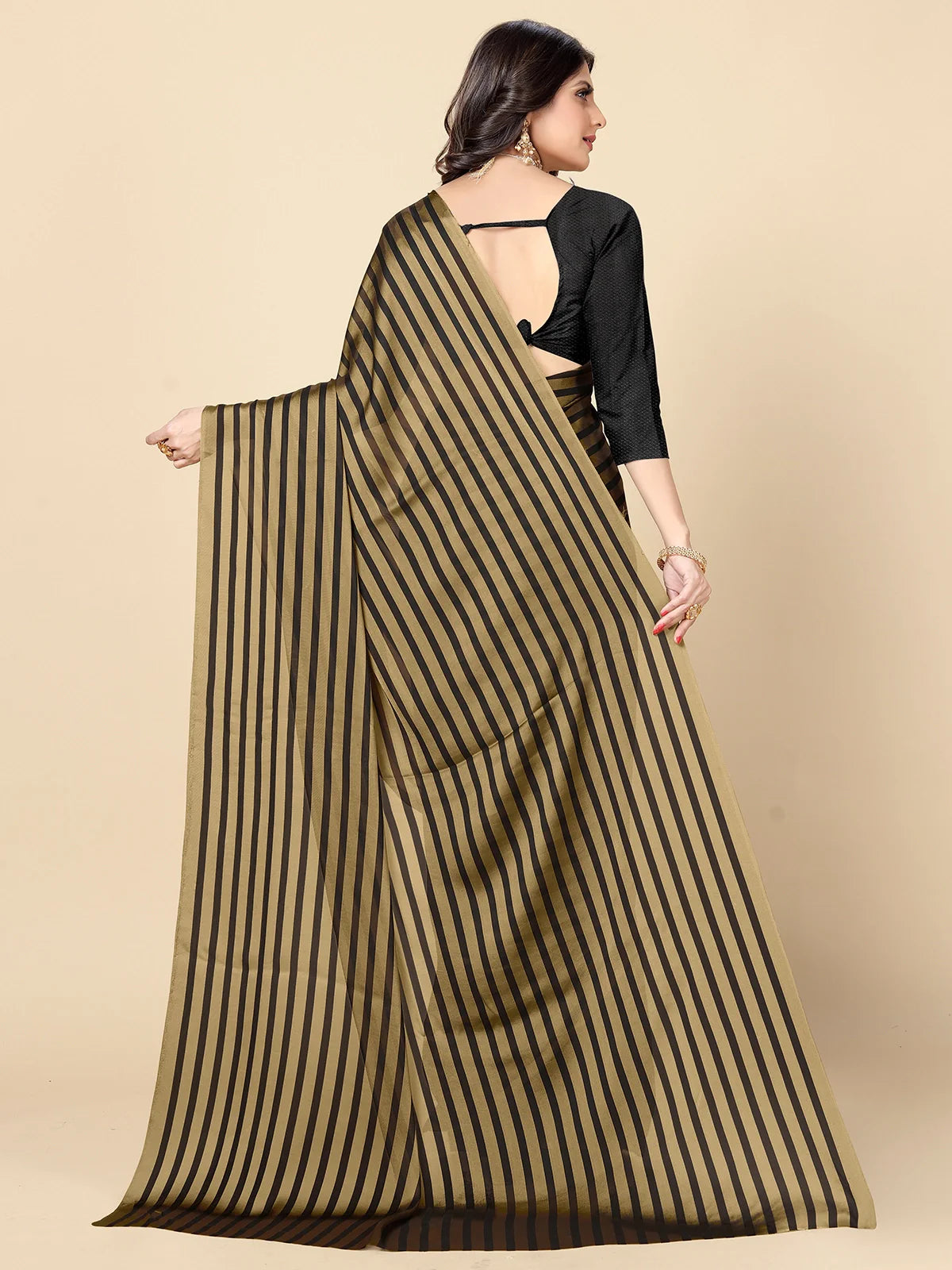 Buy Striped Georgette Saree With Blouse Piece-Gold