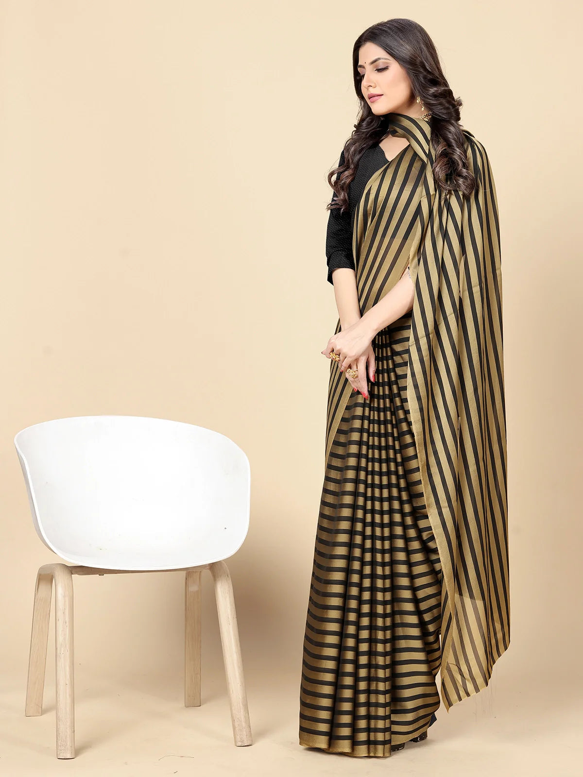 Buy Striped Georgette Saree With Blouse Piece-Gold