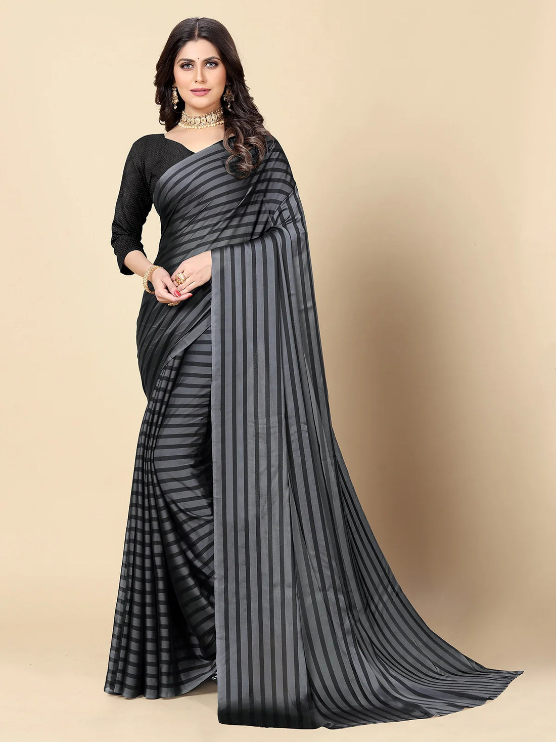 Buy Striped Georgette Saree With Blouse Piece-Grey