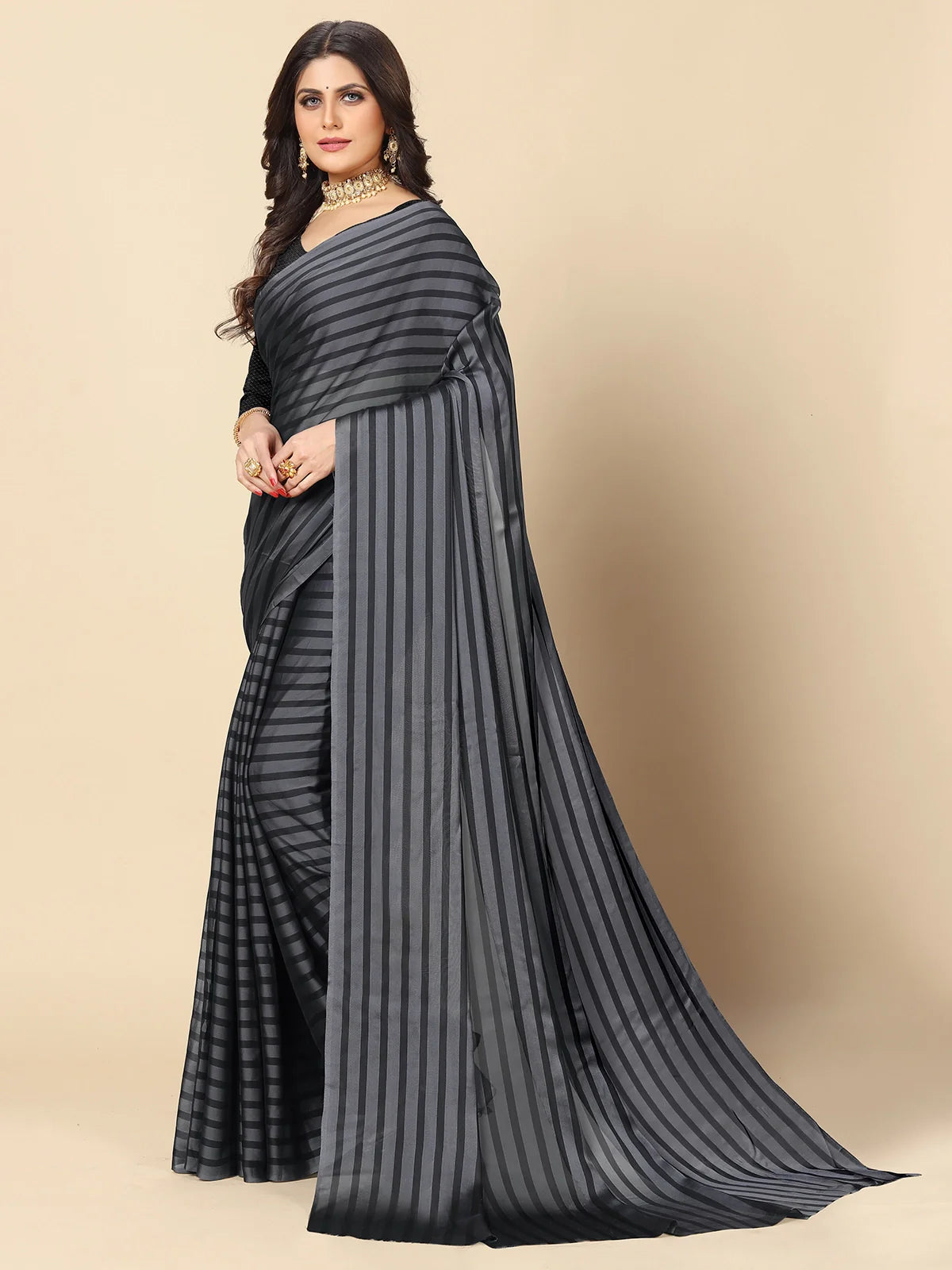 Buy Striped Georgette Saree With Blouse Piece-Grey